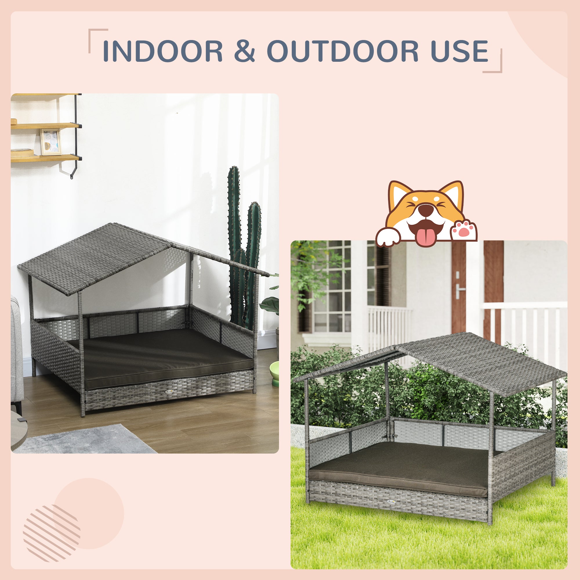 Outdoor Dog Bed with Canopy, Rattan Dog Bed with Soft Cushion Removable Cover for Medium and Large Dogs, Charcoal Gray
