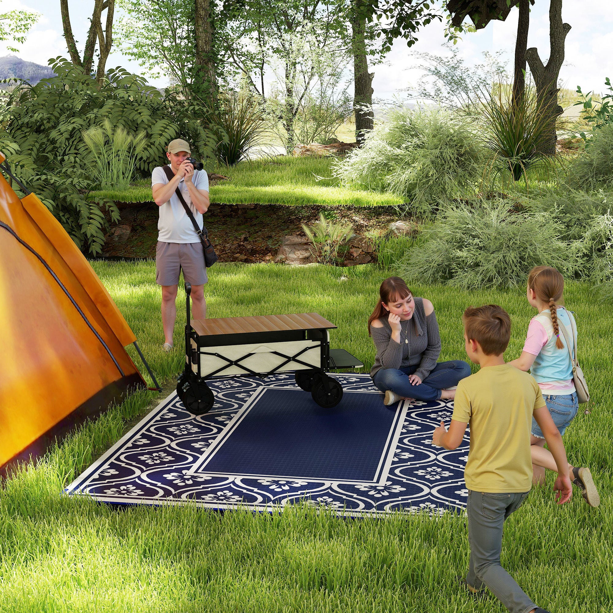 Reversible Outdoor Rug, Waterproof Plastic Straw with Carry Bag, 8' x 10', Blue & White Gourd Border