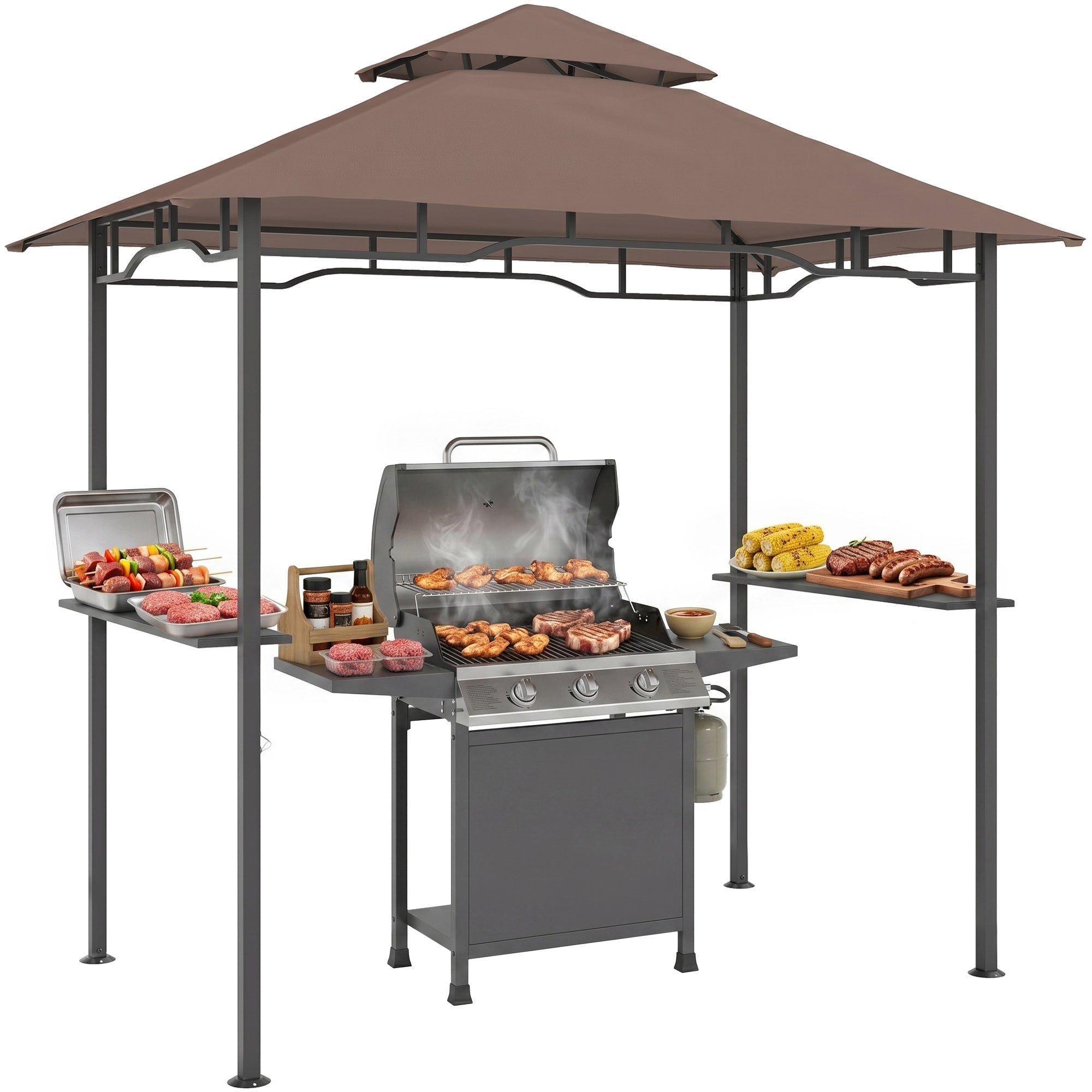 8' x 5' Grill Gazebo with Double Roof, Outdoor BBQ Canopy Gazebo with 2 Side Shelves for Patio Yard Garden Coffee