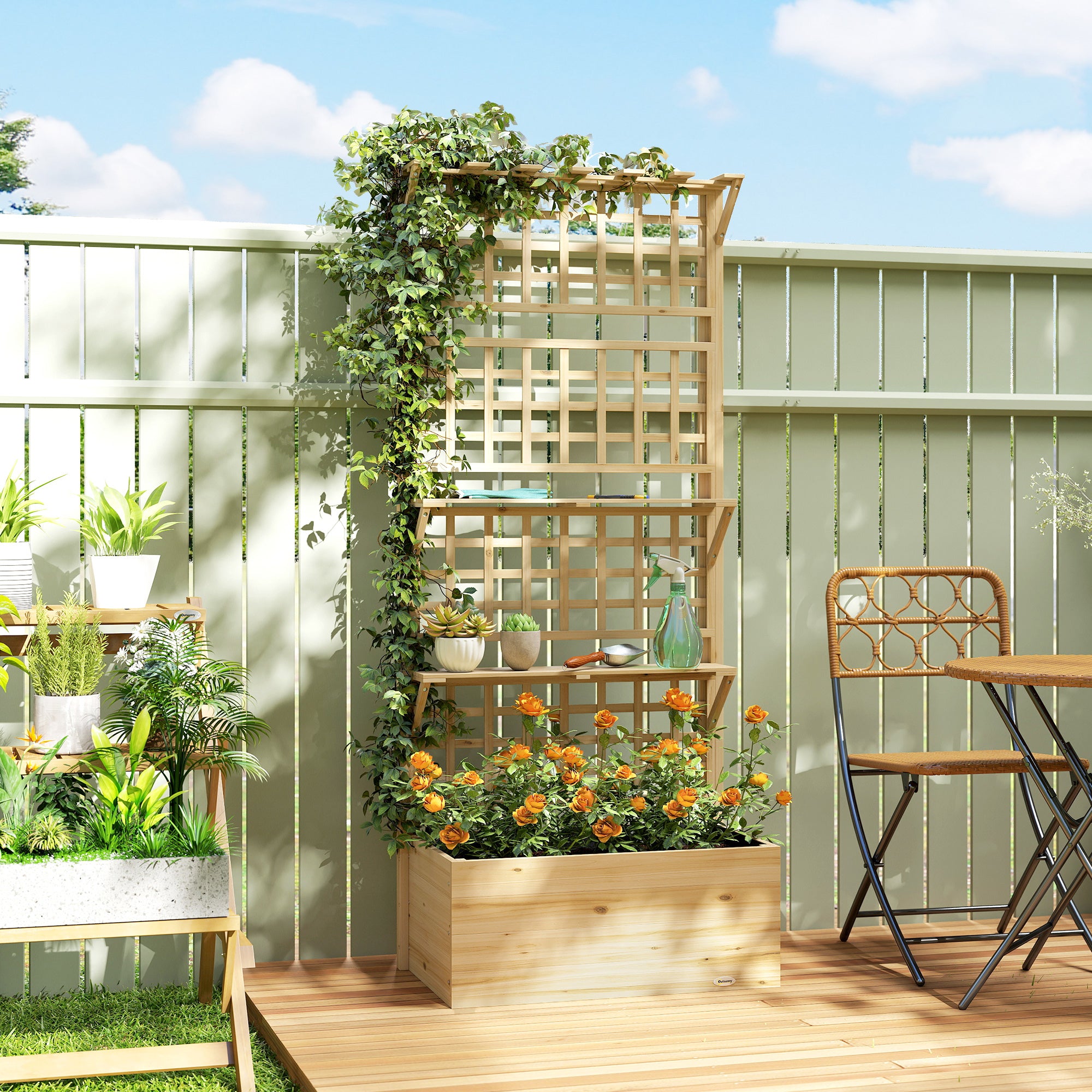 Wooden Raised Garden Bed with Trellis and Roof, Elevated Planter Box with 2 Shelves, Drainage Hole and Liner, Natural