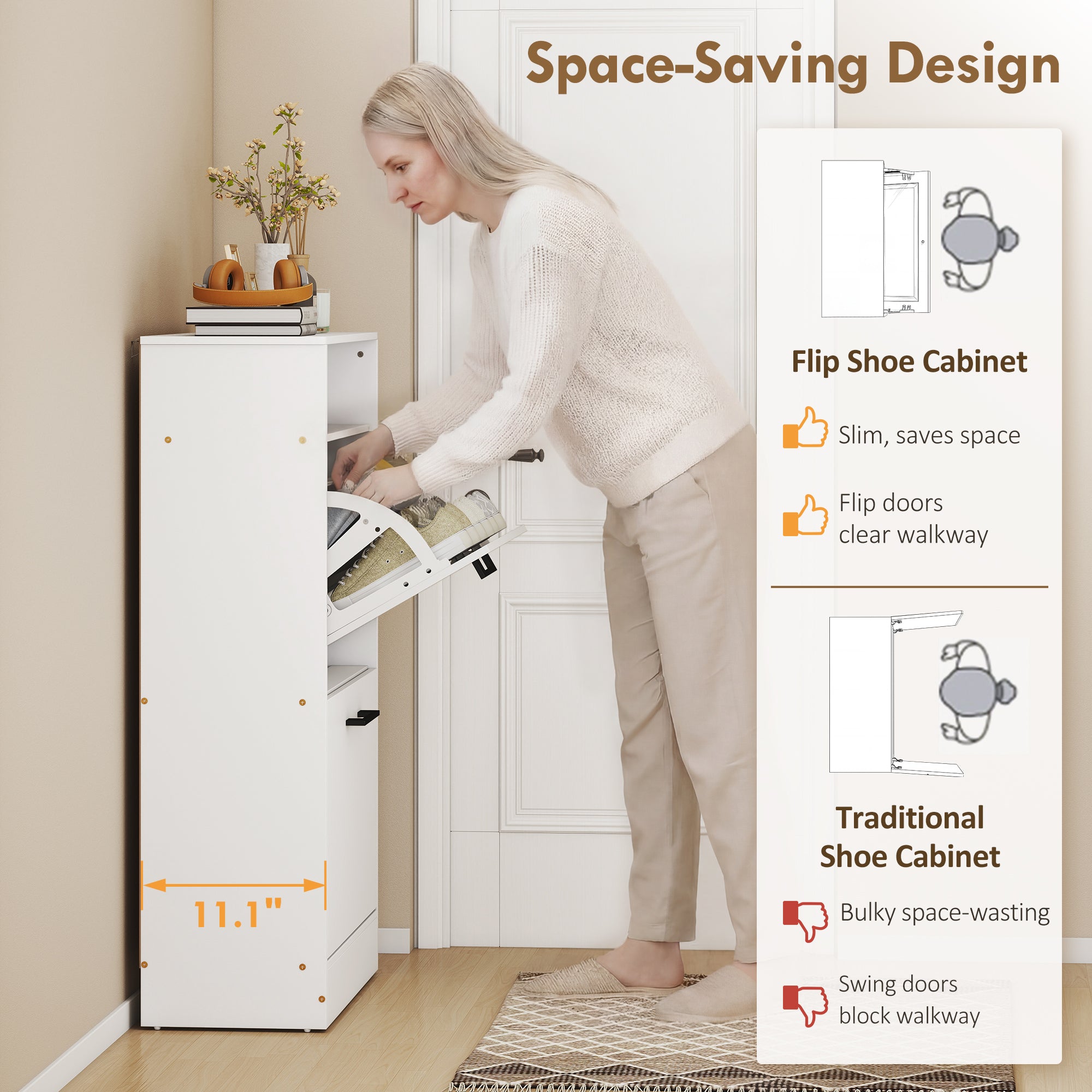 Shoe Cabinet 2 Flip Drawers Adjustable Dividers Shoe Storage Cabinet Top Shelf Entryway White