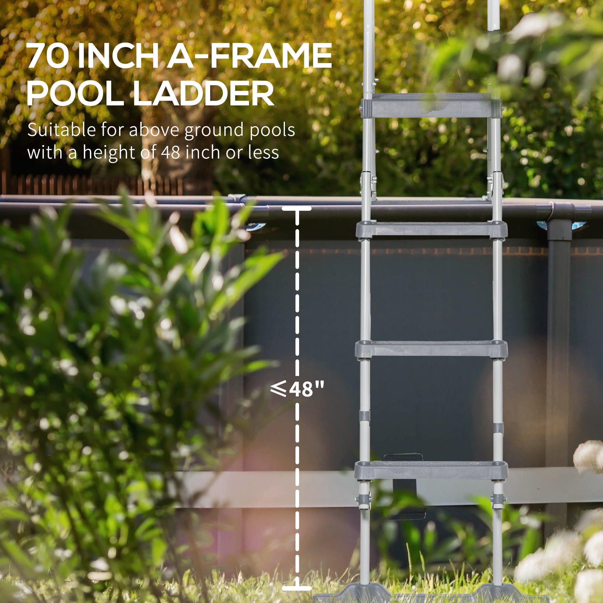 70" Above Ground Swimming Pool Ladder, A-Frame Deck Ladder, Non-slip Steps and Handrails for 48" Pool Wall Height, Gray