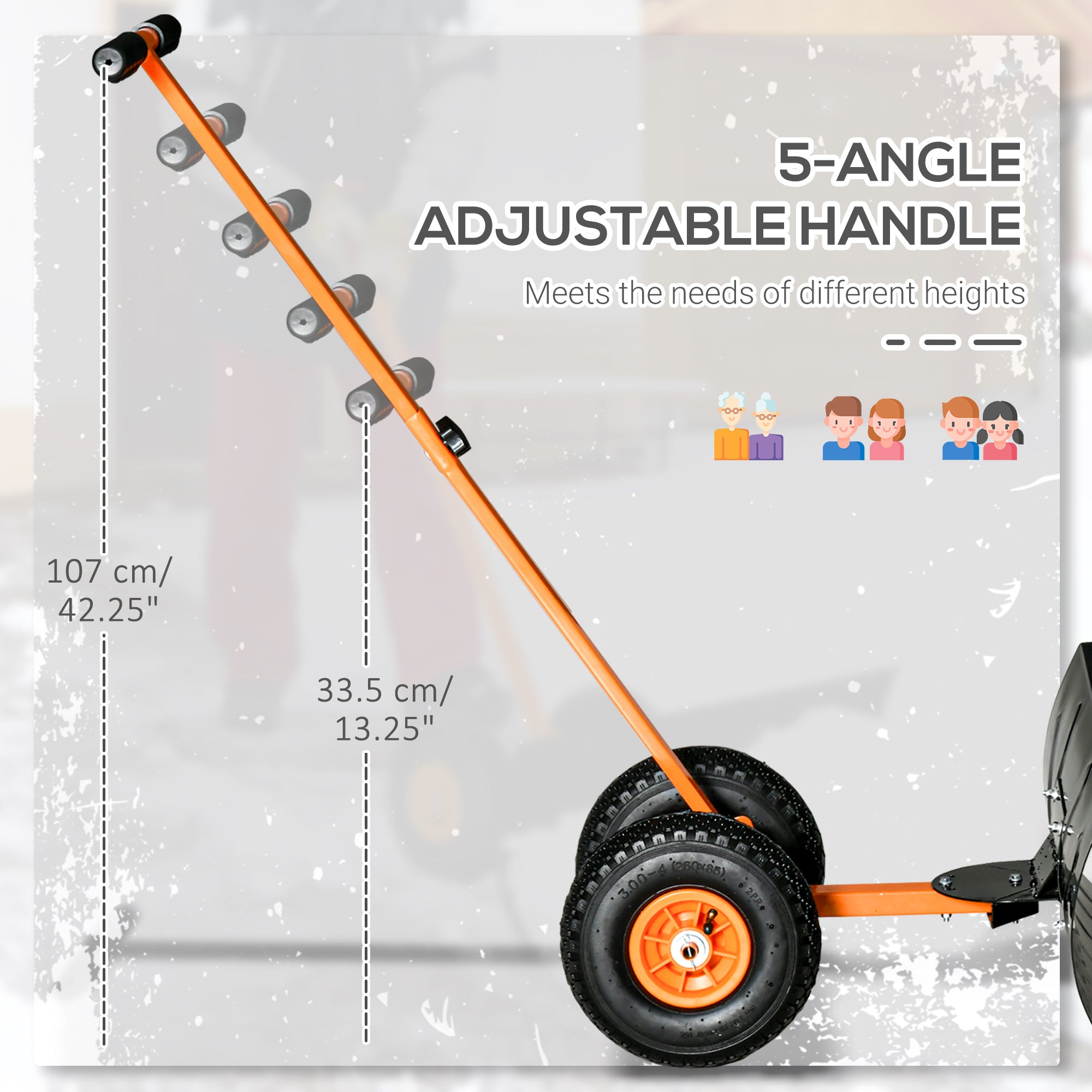 Snow Shovel, Rolling Pusher with 29" Blade, 10" Wheels & Angle-Adjustable Handle, Orange