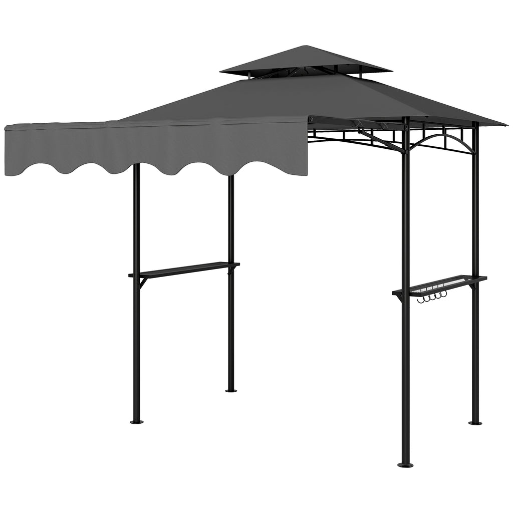 8' x 7.6' Outdoor Grill Gazebo, Barbecue Gazebo Shelter with Side Awning, 2 Side Shelves and 6 Hooks, Dark Gray