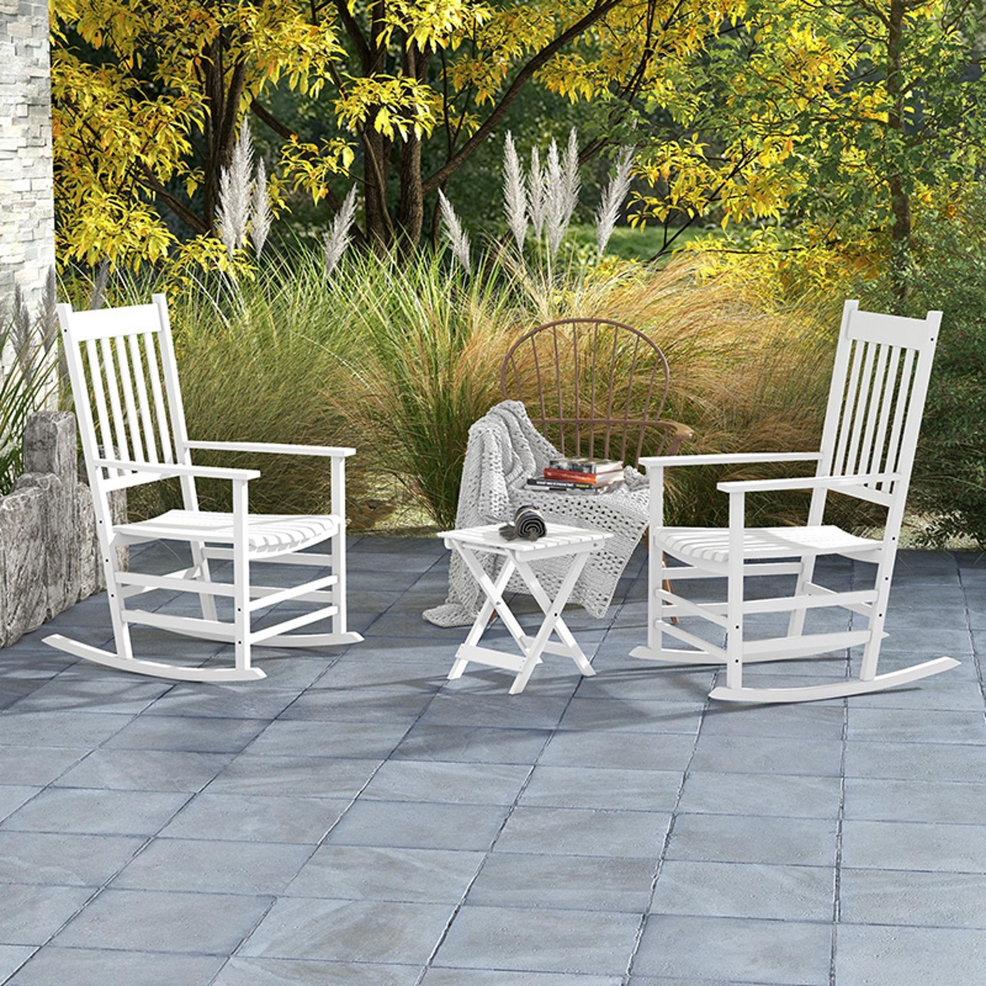 Wooden Rocking Chair Set, Curved Armrests, High Back, Slatted Top Table Outdoor Rocker Set, White