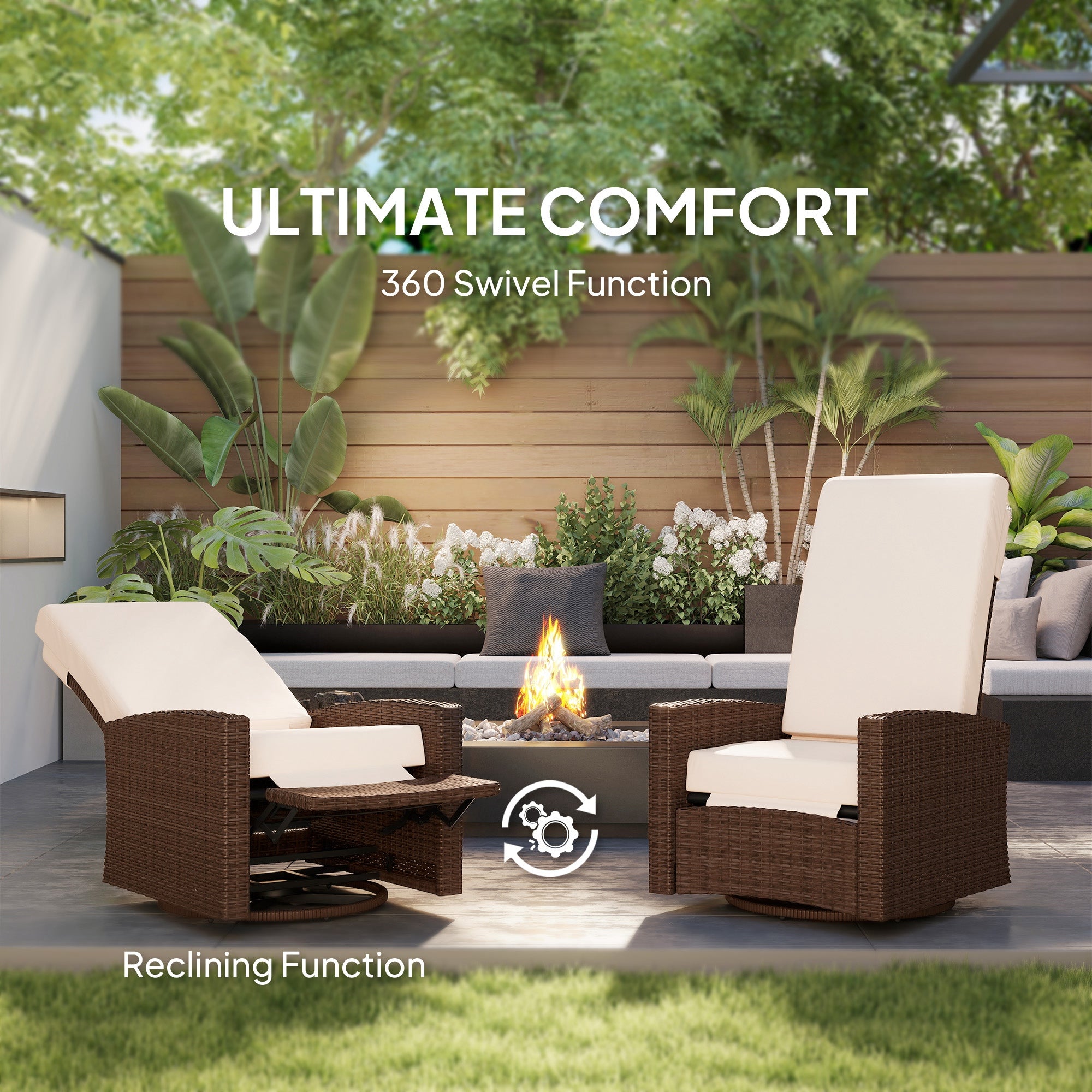 Outdoor Wicker Swivel Recliner Chair, Lifting Footrest, 360° Rotating Basic, Water-resistant Cushions, Cream White
