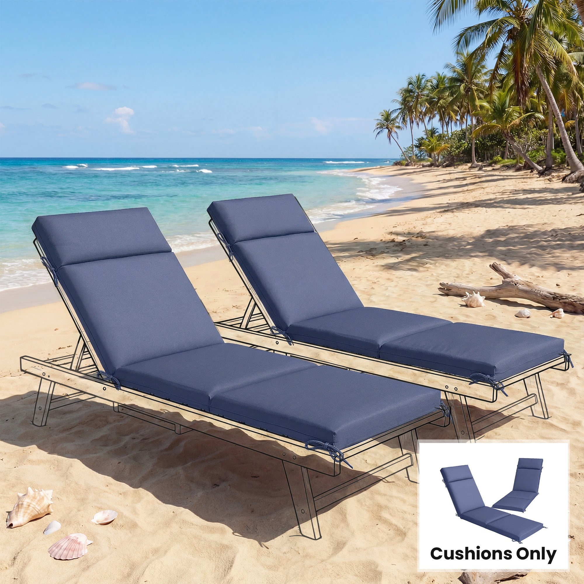 Outdoor Chaise Lounge Cushions Set of 2 with 6 Ties, High-Density Foam, for Patio and Poolside, Navy Blue
