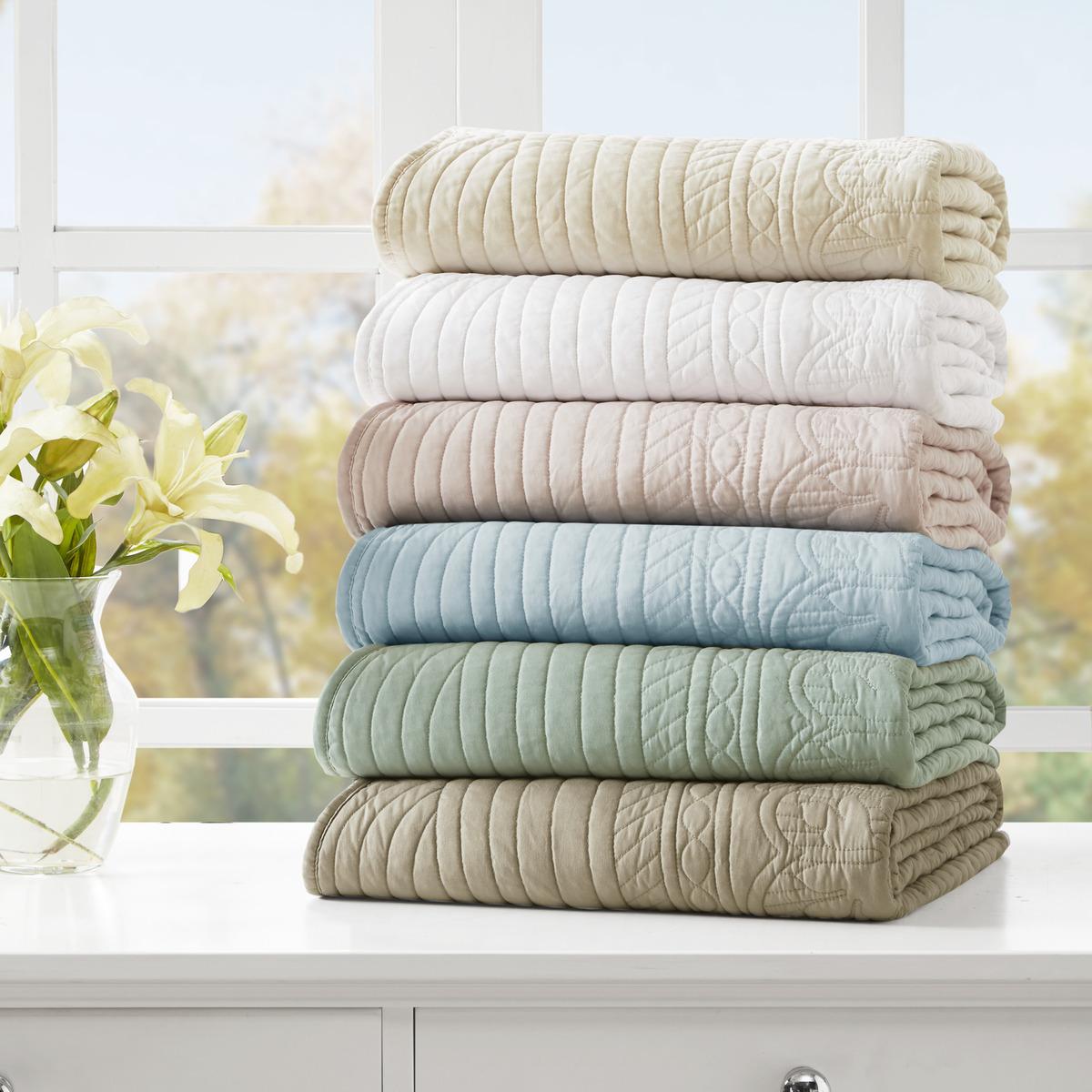Antimicrobial Oversized Quilted Throw with Scalloped Edges, Microfiber and Cotton Blend, Machine Washable, 72" L x 60" W x 0.25" H, Blue