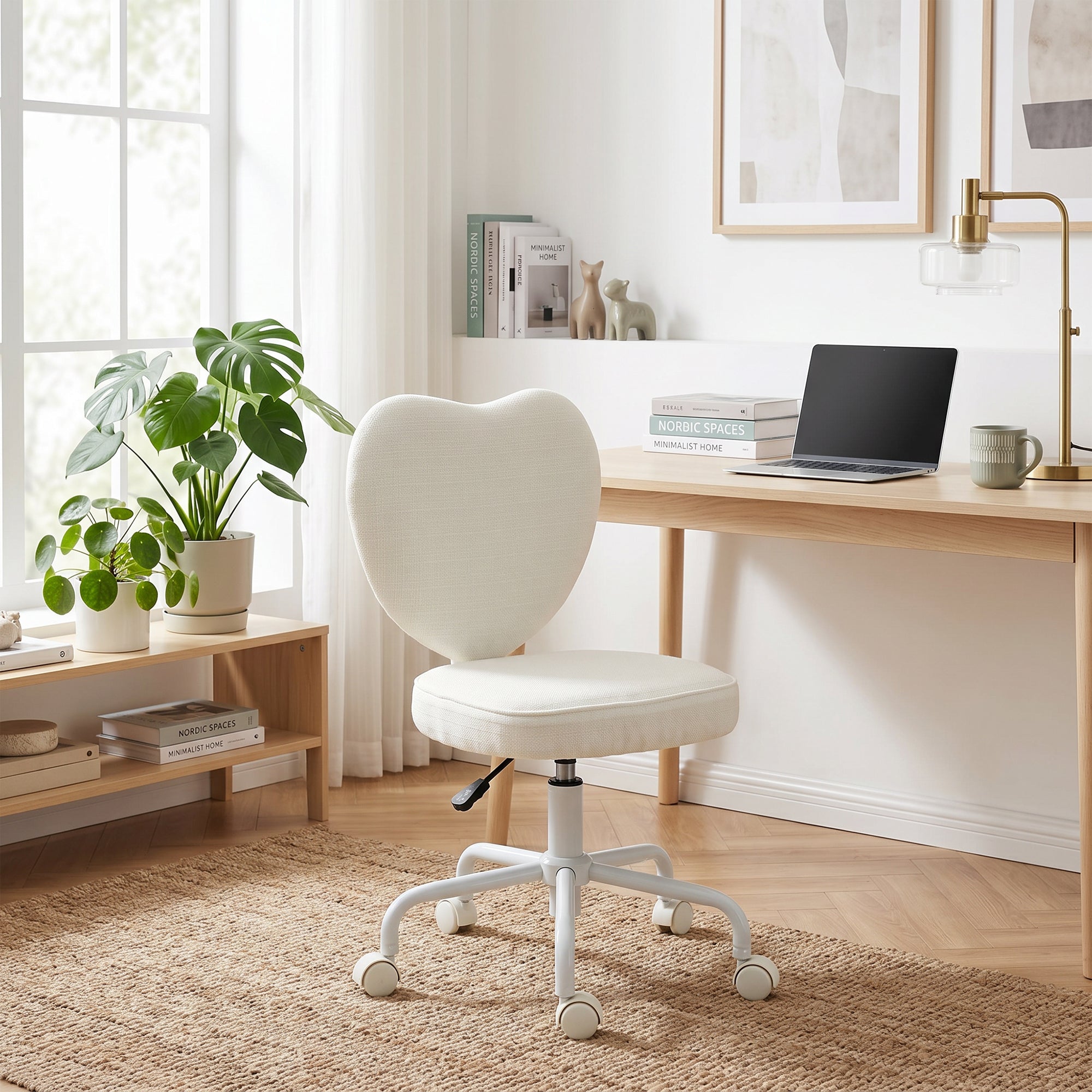 Heart Love Shaped Back Design Vanity Chair, Office Chair with Adjustable Height and 360 Swivel Castor Wheels, White