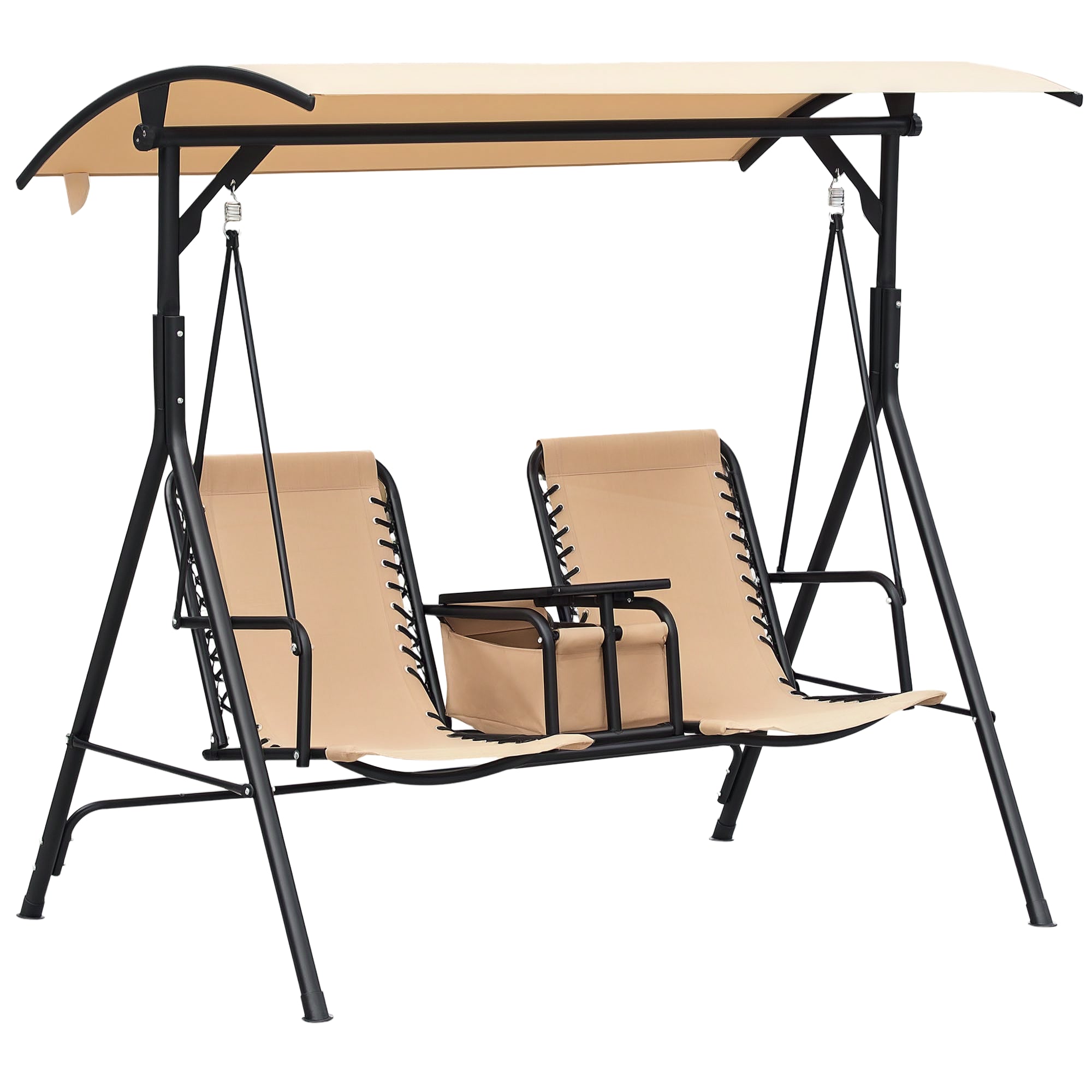 2 Person Porch Swing with Canopy, Storage Table, Cup Holder, Beige
