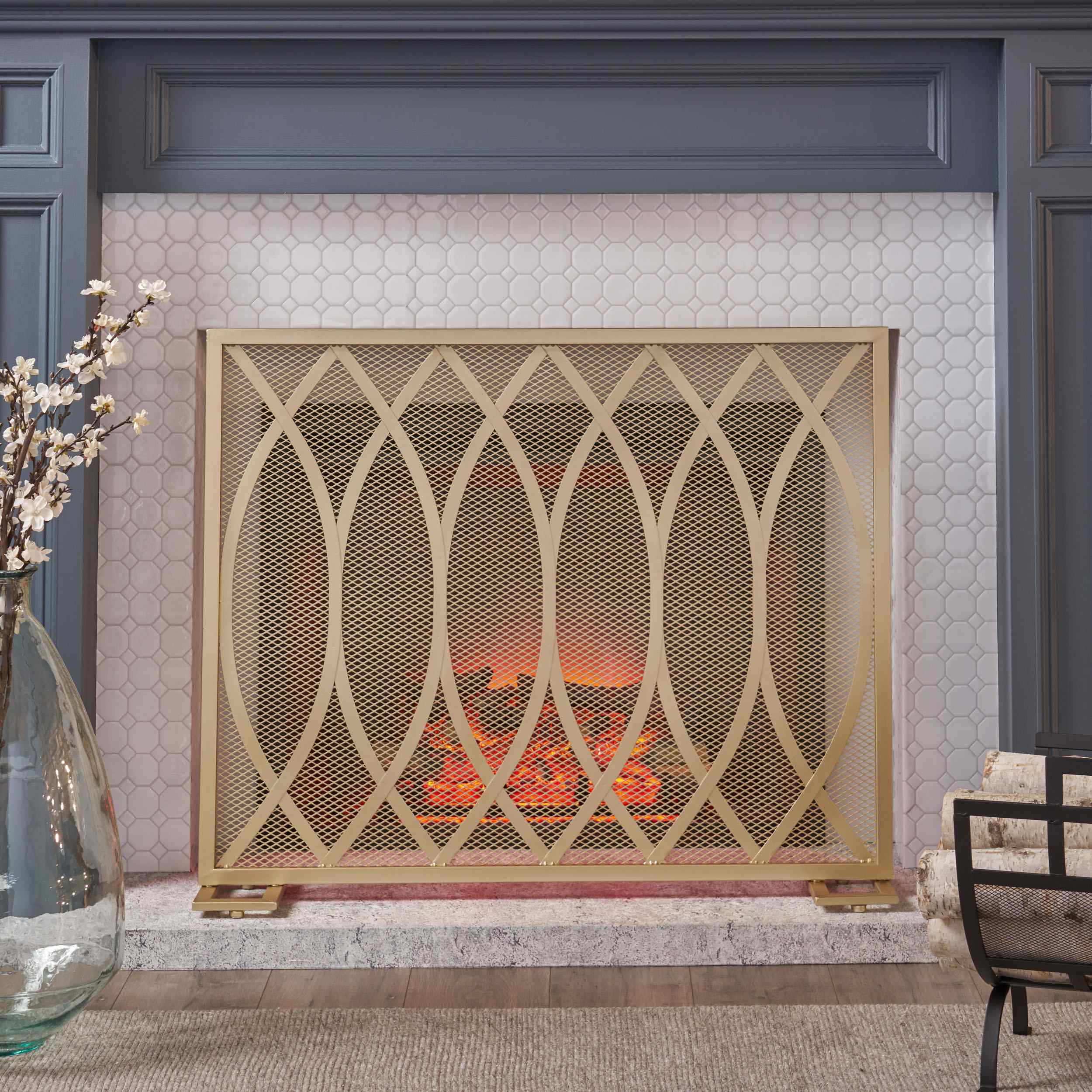 Modern Iron Fire Screen with Single Panel Design and Fine Mesh, Geometric Pattern, and Easy Assembly, 39.75" L x 8" W x 32.25" H, Gold