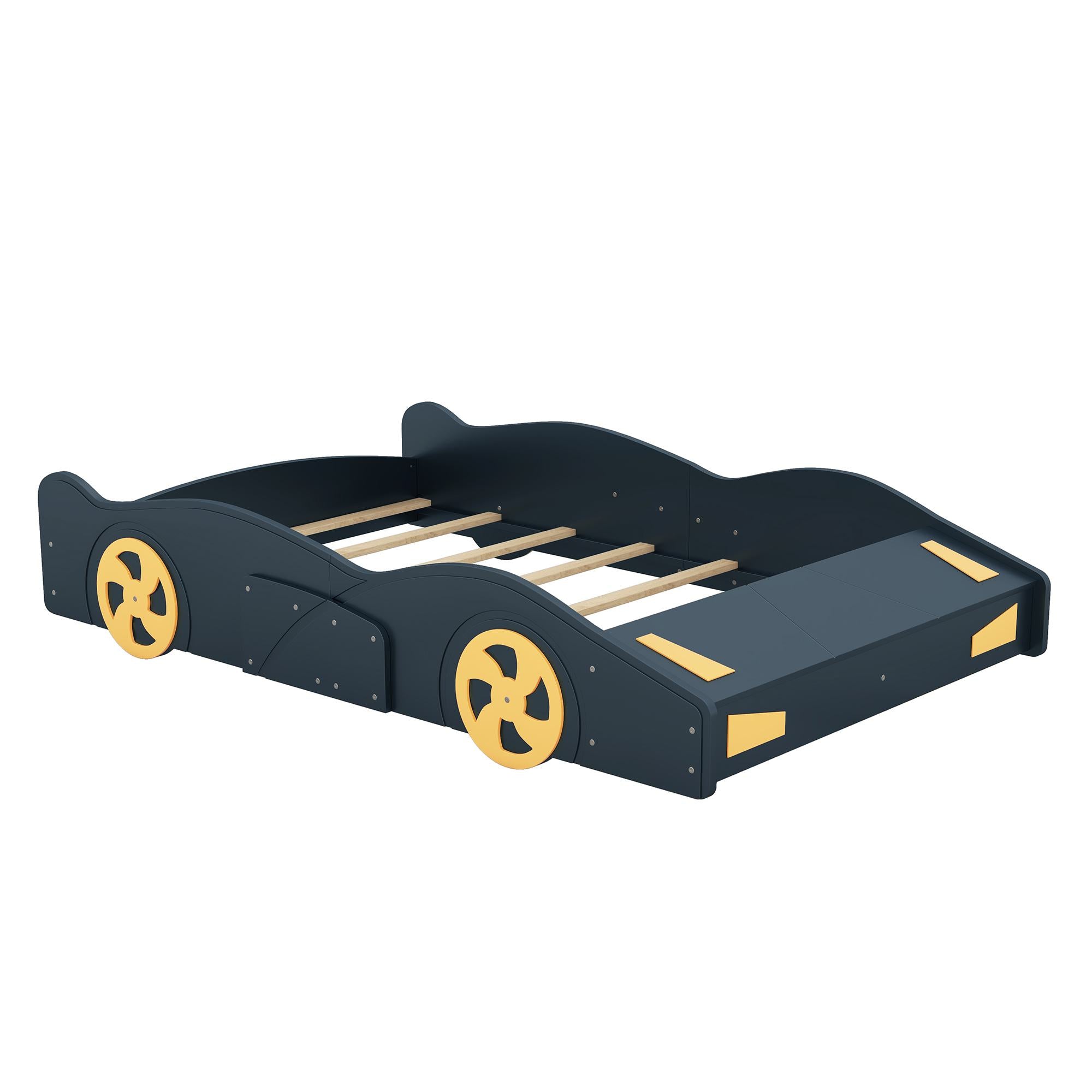 Full Size Race Car-Shaped Platform Bed with Wheels and Storage, Solid Wood and MDF, 90.5" L x 55" W x 15.5" H, Dark Blue
