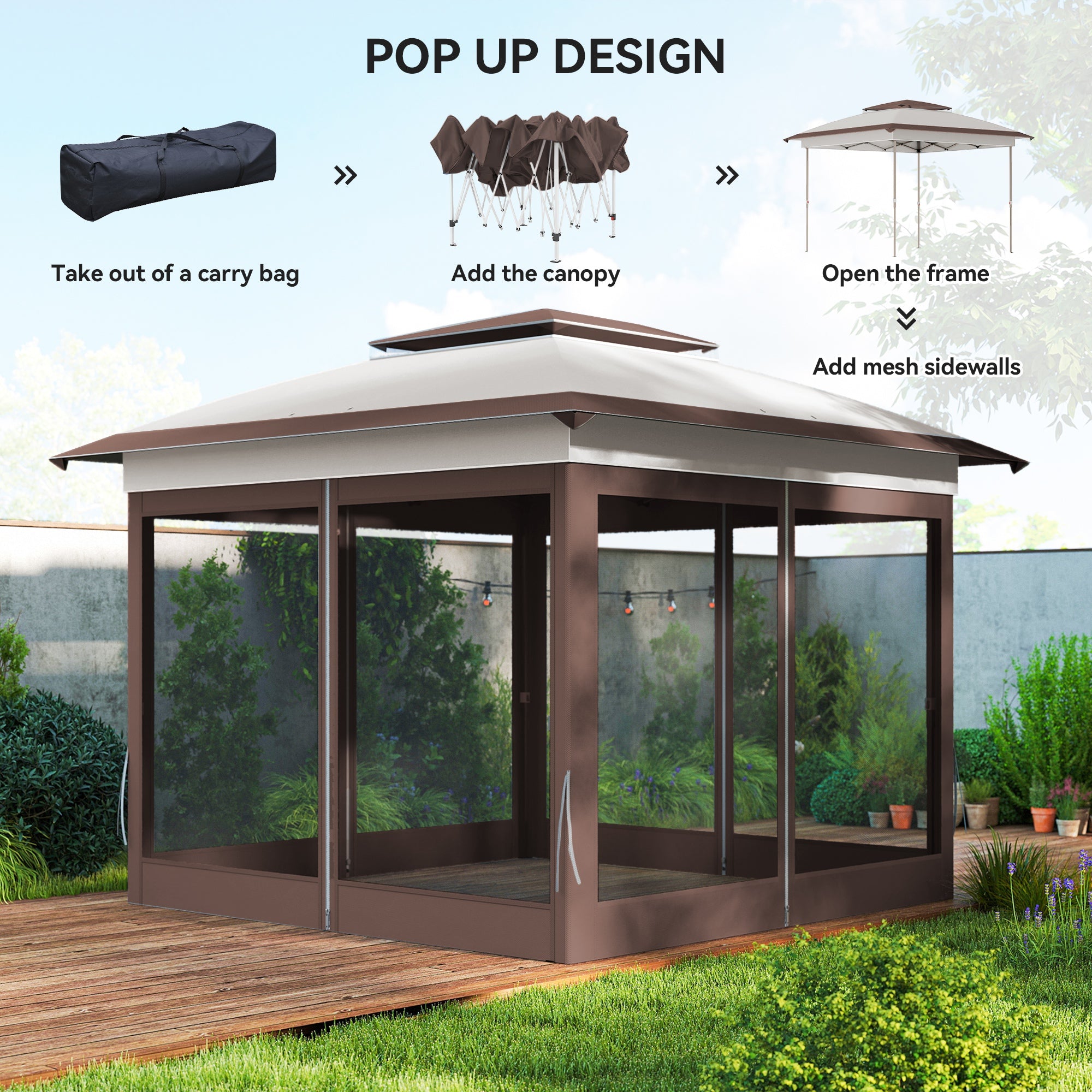 12' x 12' Pop Up Canopy Tent with Netting and Carry Bag, Instant Sun Shelter with 137 sq.ft Shade, Beige and Brown
