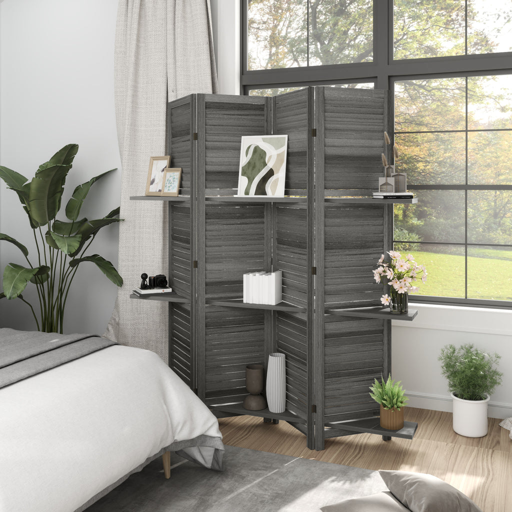4 Panel 67" Tall Wood Privacy Screen Room Divider with 3 Shelves and Folding Storage for Bedroom, Gray