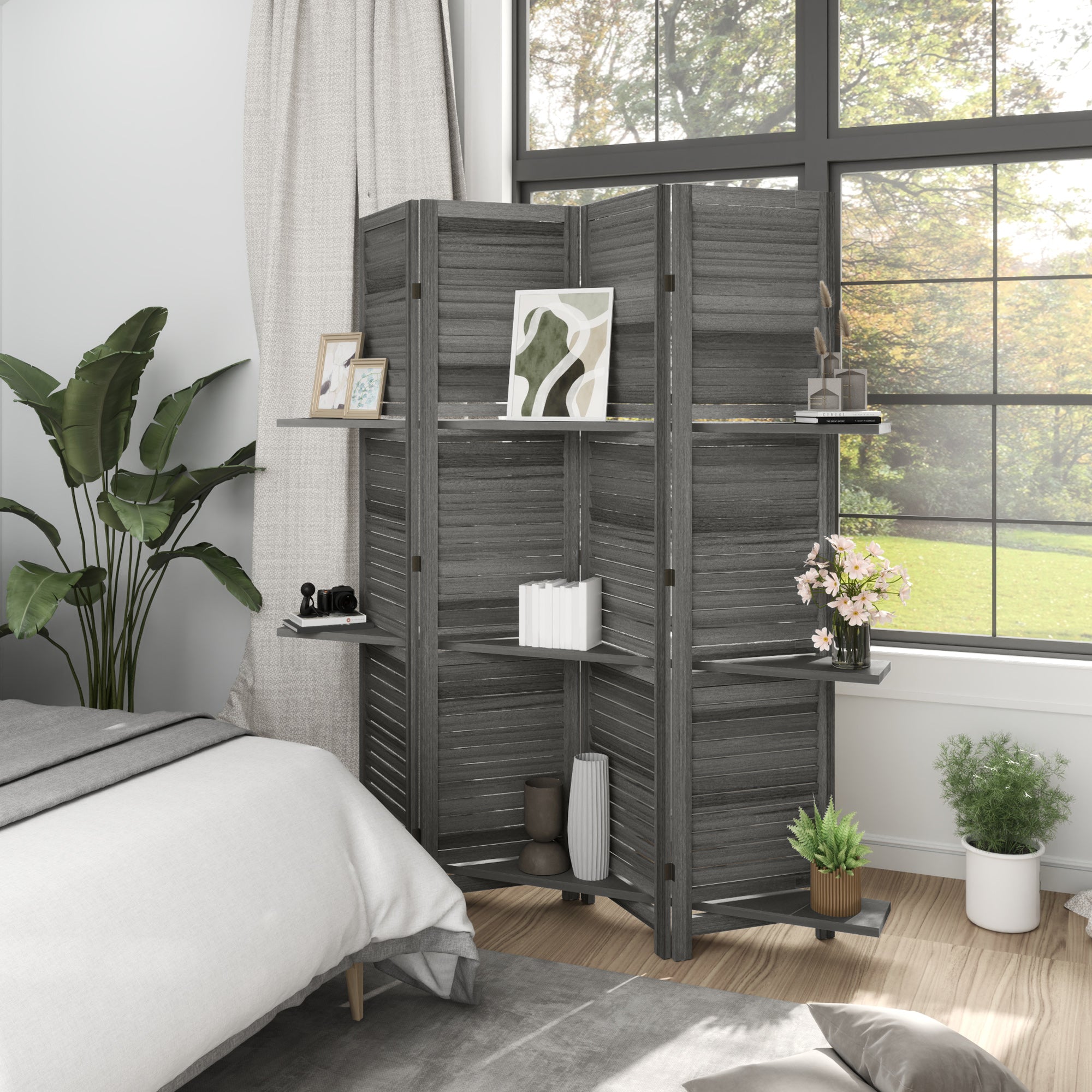 4 Panel 67" Tall Wood Privacy Screen Room Divider with 3 Shelves and Folding Storage for Bedroom, Gray