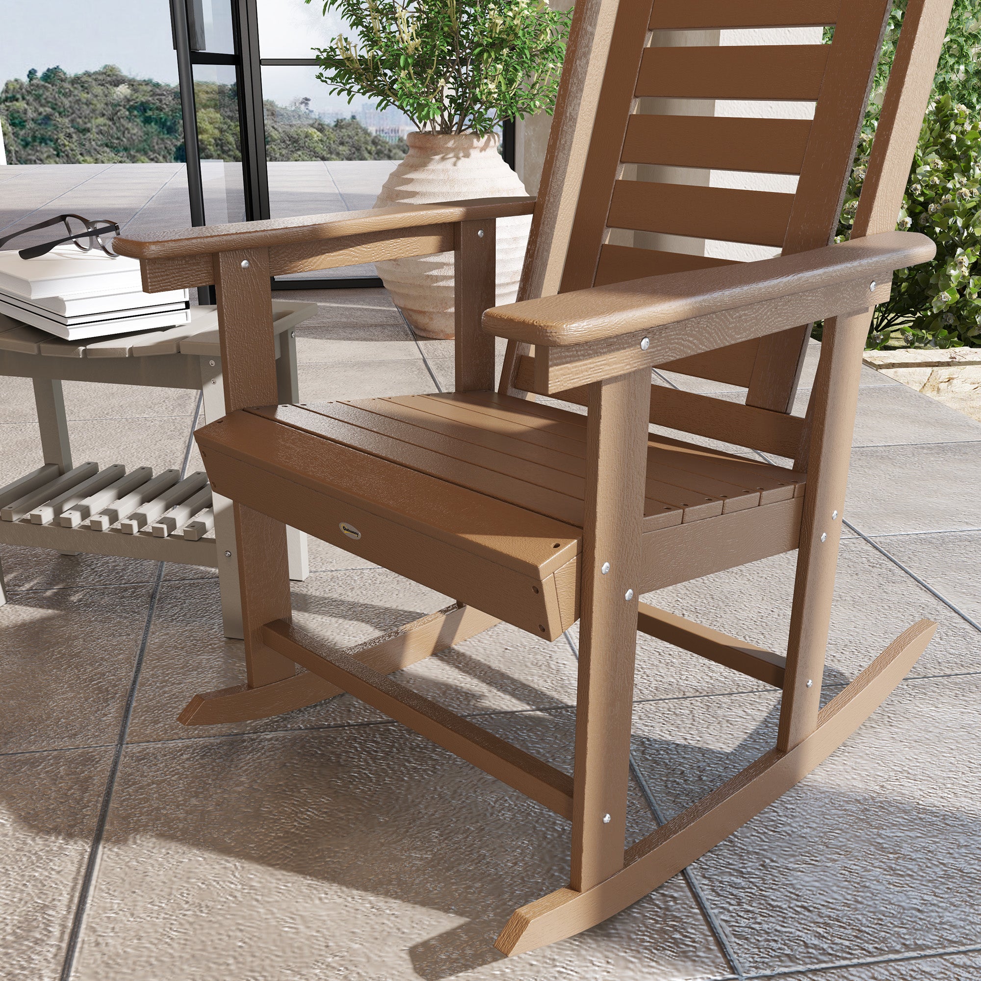 2 Pieces Outdoor Rocking Chairs, HDPE Patio Rockers with 28" High Back, Wide Armrests for Porch Backyard, Brown