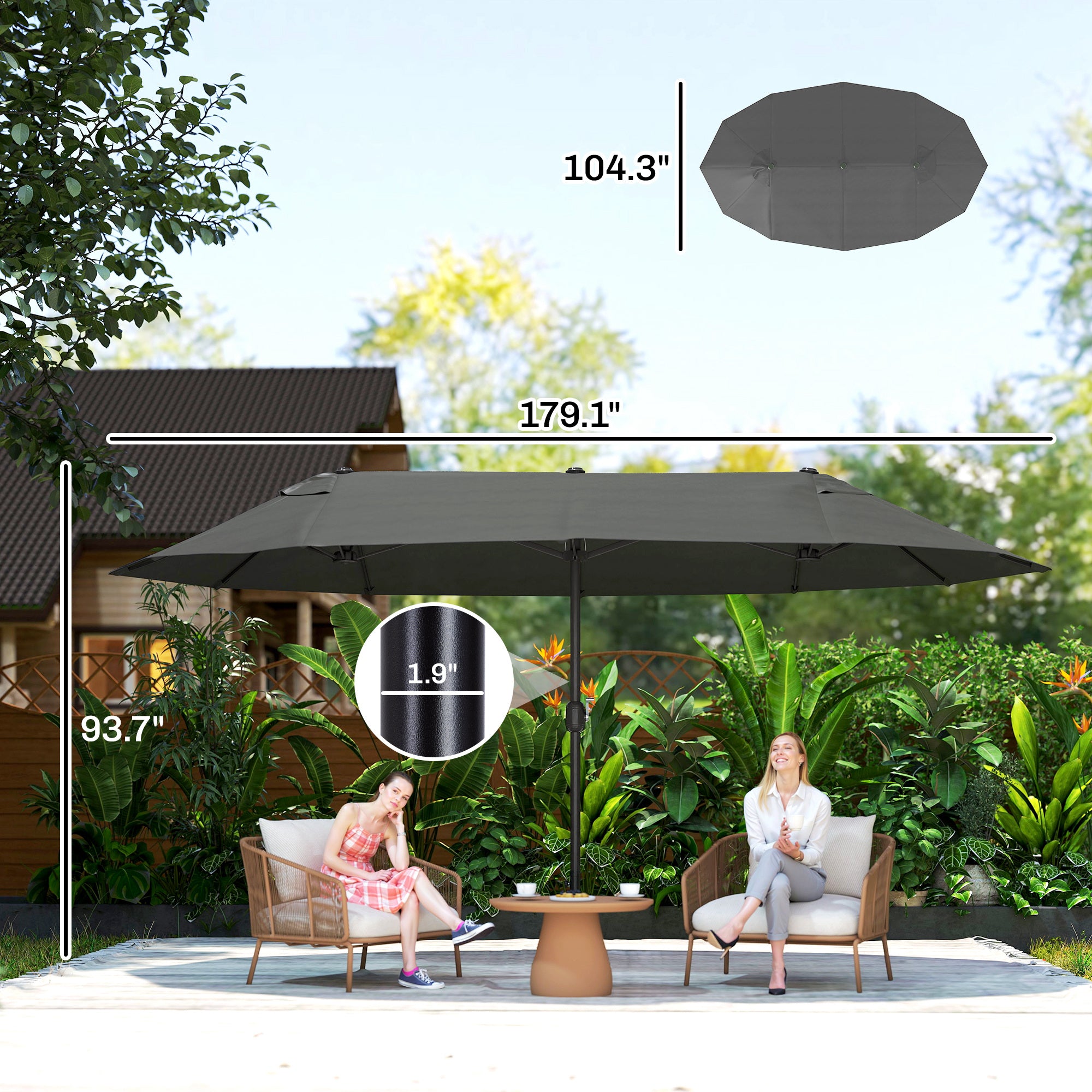 Extra Large 15 ft Patio Umbrella, Double-Sided Wide Outdoor Umbrella with Crank Handle and Air Vents for Backyard, Deck, Pool, Market, Gray