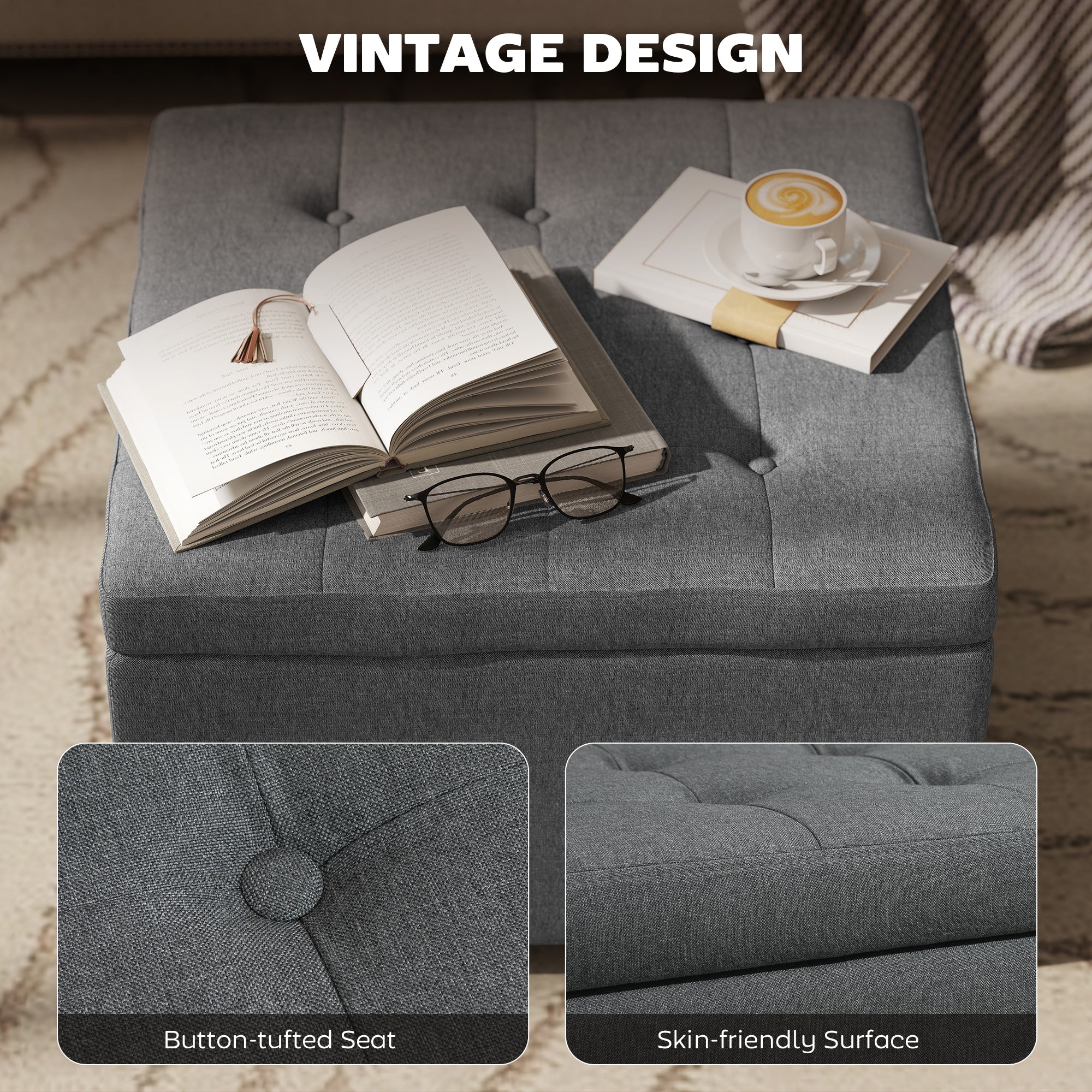 Round Storage Ottoman Bench, Button Tufted Ottoman with Flip Top for Living Room, Entryway and Bedroom, Gray