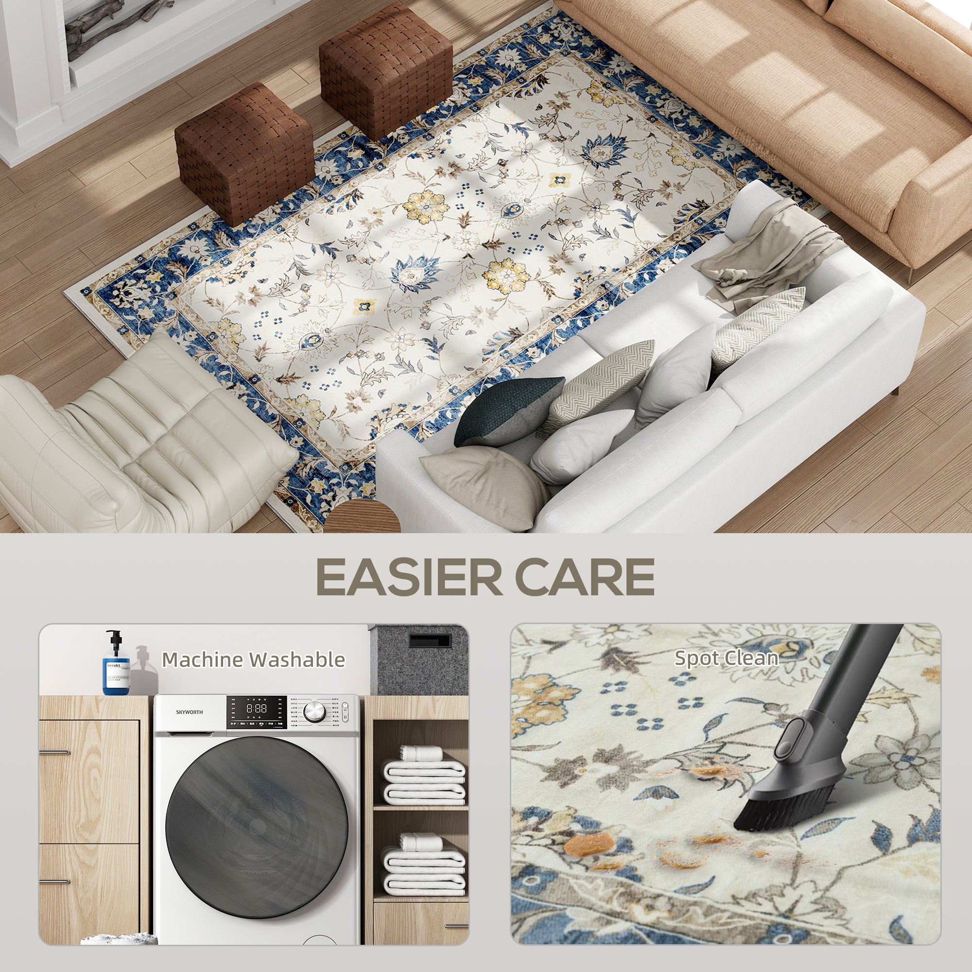 Machine Washable Area Rug 4x6, Non-Slip Boho Floral Print Floor Carpet for Living Room, Bedroom, Dining Room, Blue
