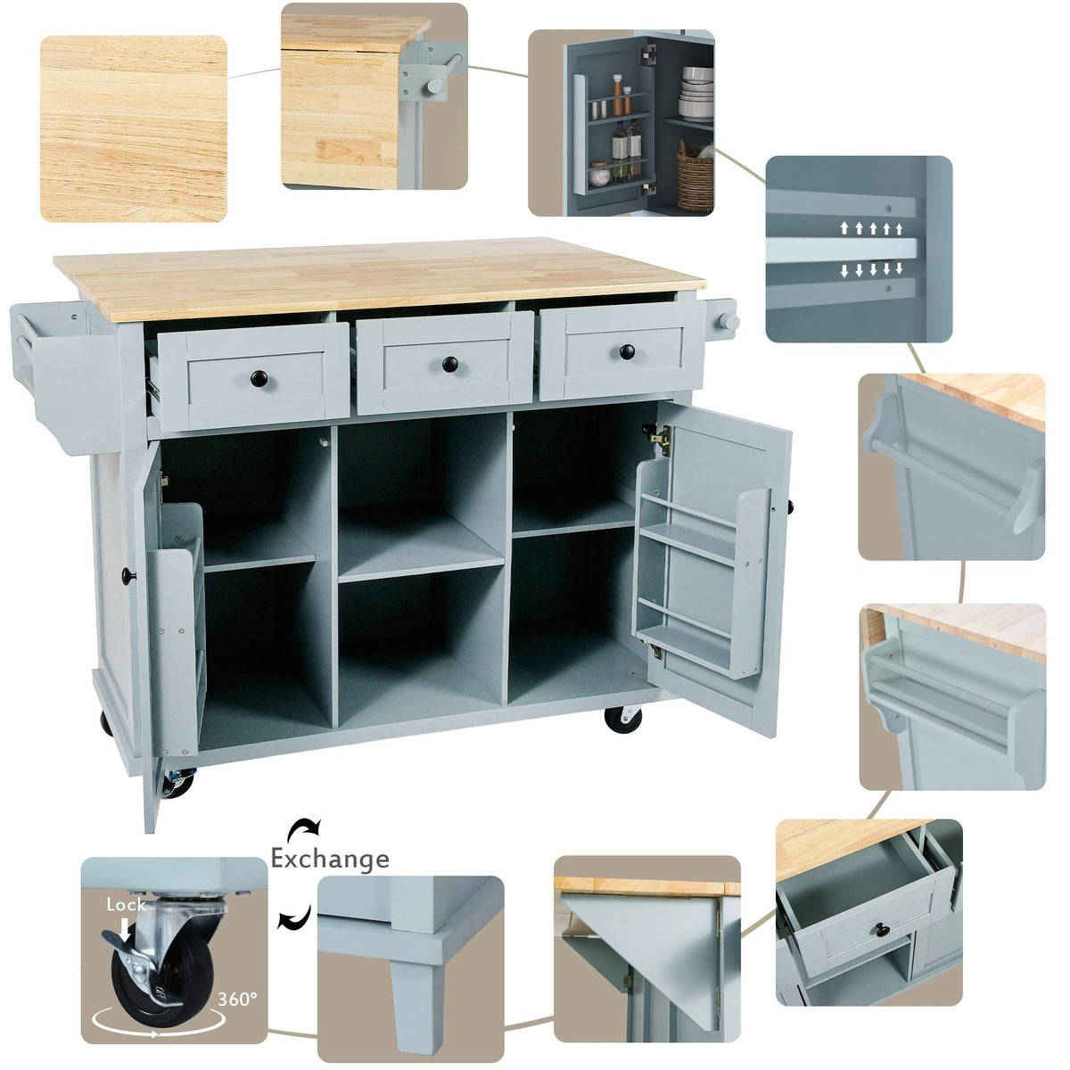 Kitchen Cart with Wood Drop-Leaf Countertop, Internal Storage Racks, Utility Island with Cabinets and Drawers, 53" L x 29.5" W x 37" H, Blue