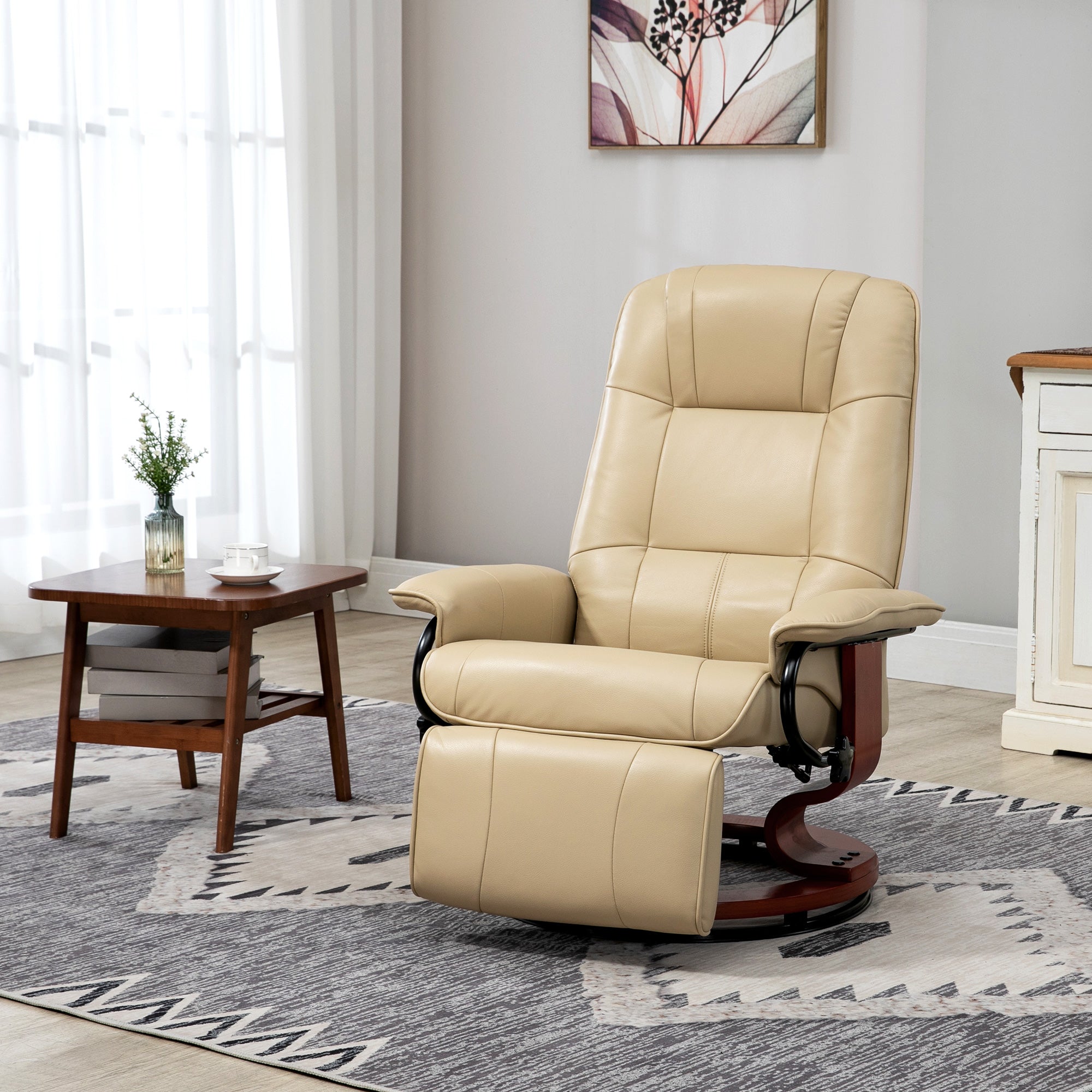 Air Leather Manual Recliner, Adjustable Swivel Lounge Chair with Footrest, Armrest and Wrapped Wood Base, Cream White