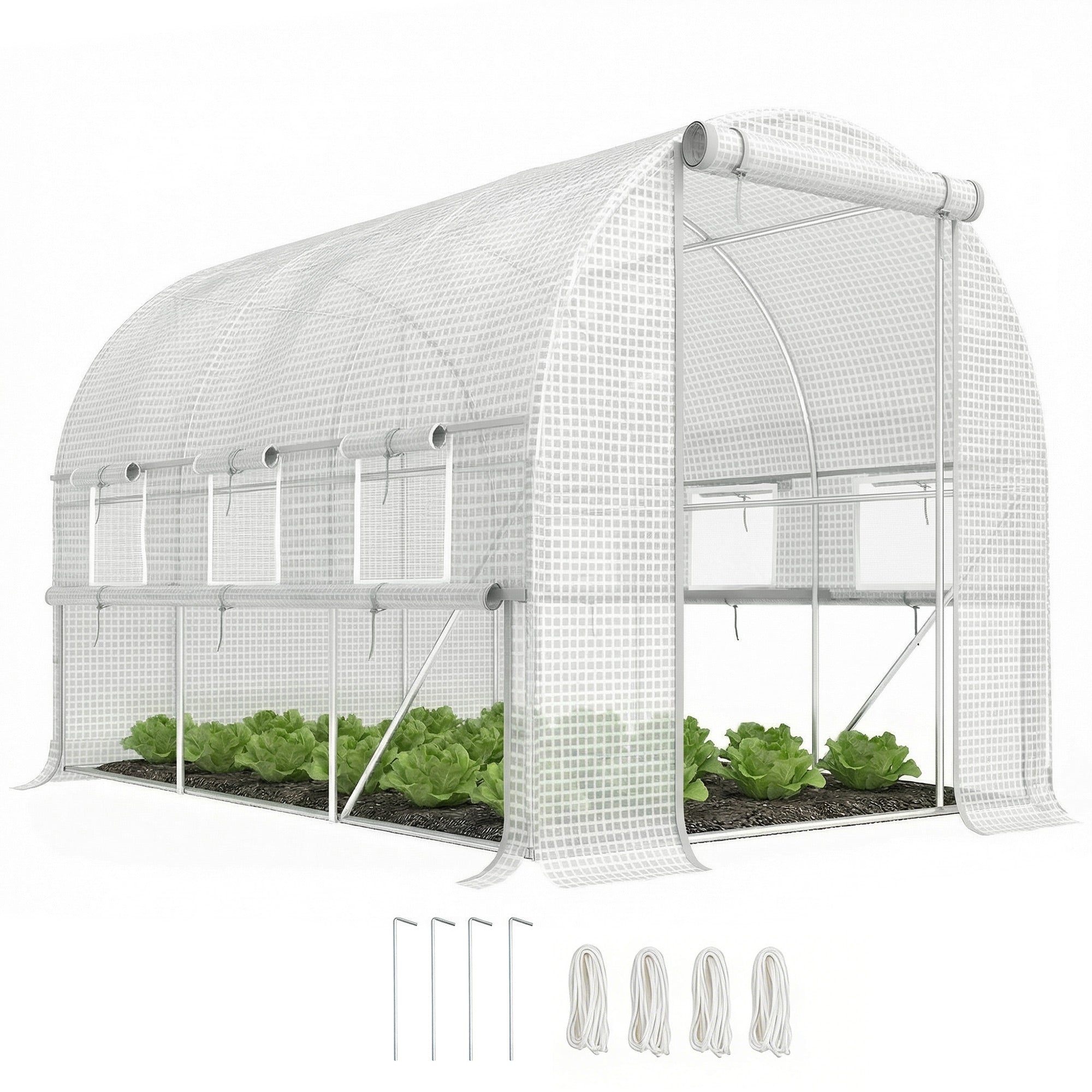 9.7' x 6.5' x 6.5' Walk-in Tunnel Greenhouse, Outdoor Green House with Anti-Tear PE Cover, Zipper Doors and Mesh Windows, White