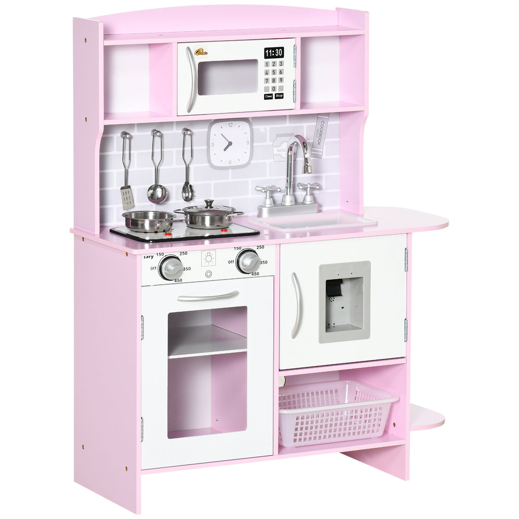 Pretend Play Kitchen with Sound Effects and Stove Lights, Kids Kitchen Playset with Storage, Water Dispenser Preschool & Kindergarten Gift for 3-6 Years Old, Pink