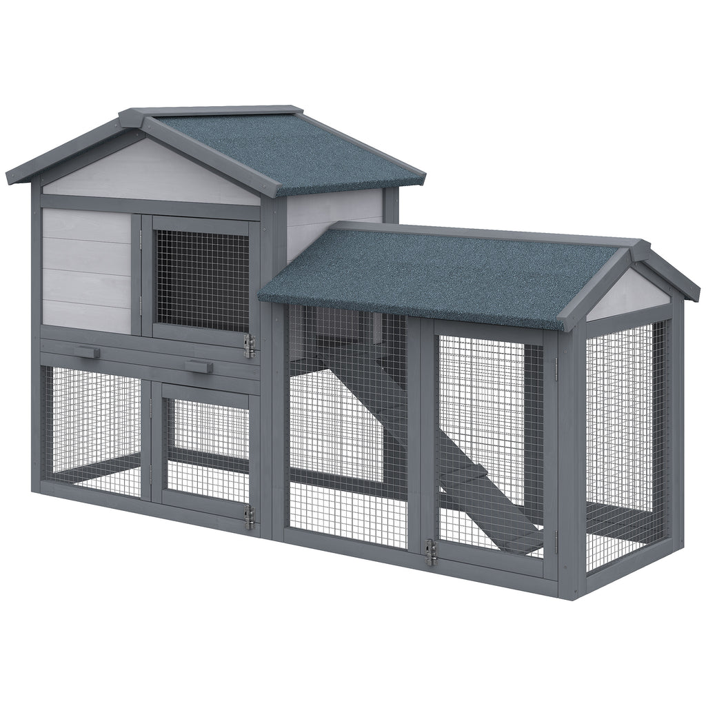 58" Large Rabbit Hutch Outdoor Indoor, Wooden Bunny Hutch, Guinea Pig Cage with Run, Removable Tray, Asphalt Roof, Lockable Doors and Ramp, for 1-2 Small Rabbits, Chickens, Ducks, Dark Gray