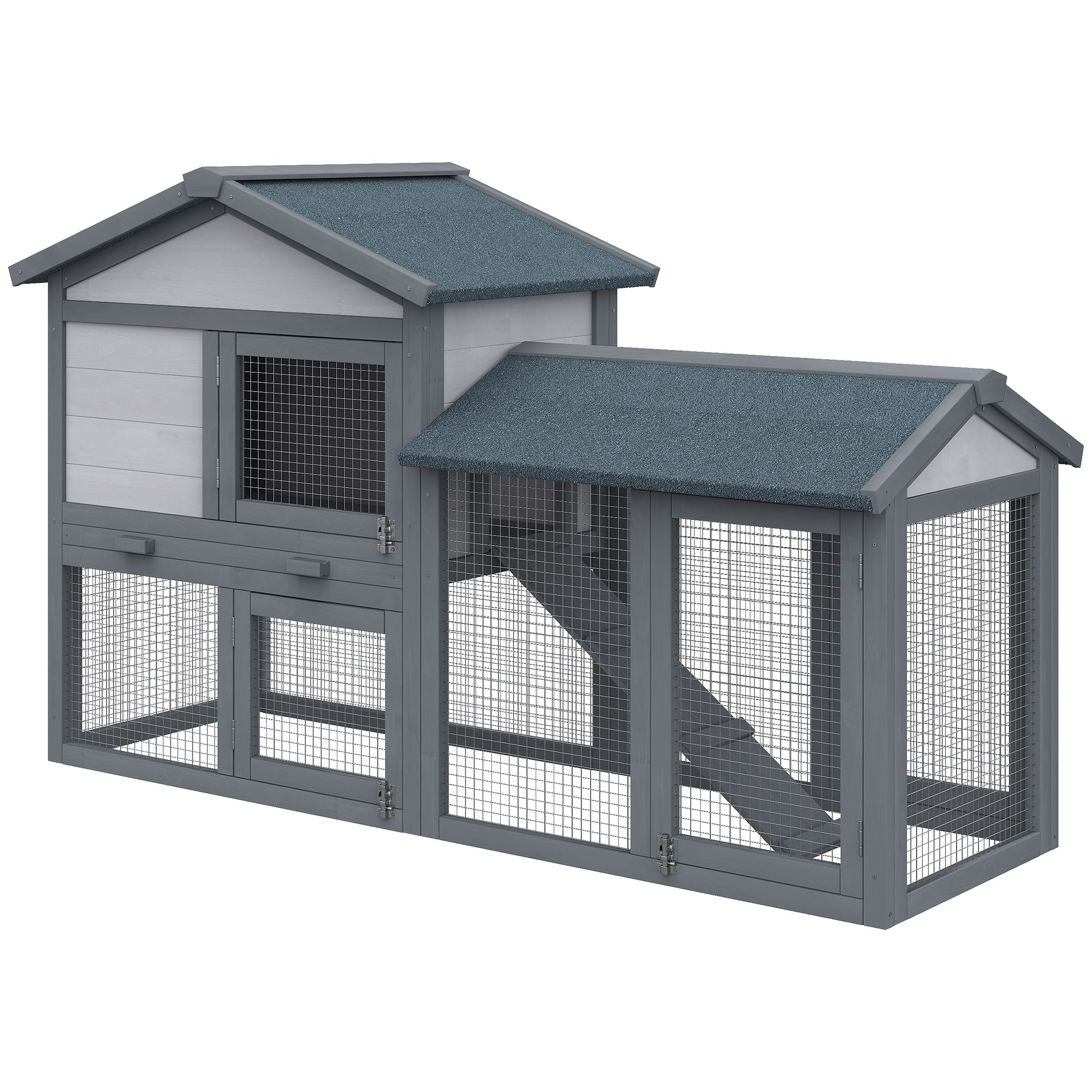58" Large Rabbit Hutch Outdoor Indoor, Wooden Bunny Hutch, Guinea Pig Cage with Run, Removable Tray, Asphalt Roof, Lockable Doors and Ramp, for 1-2 Small Rabbits, Chickens, Ducks, Dark Gray