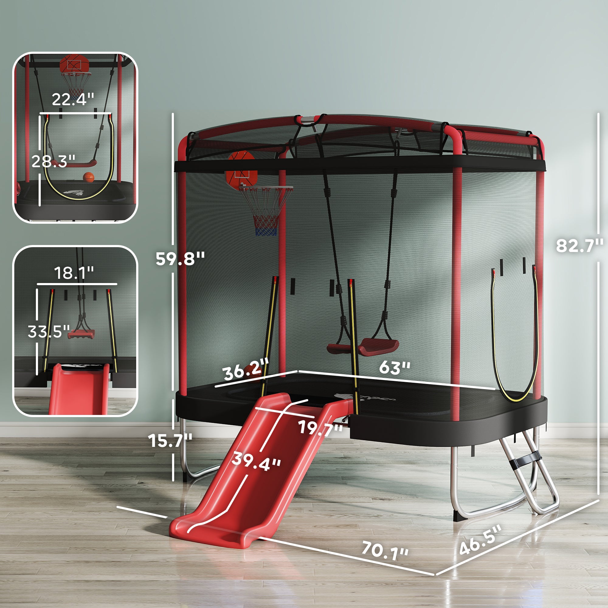 4 x 6FT Trampoline for Kids Indoor & Outdoor with Slide, Swing, Basketball Hoop and Safety Enclosure, Red