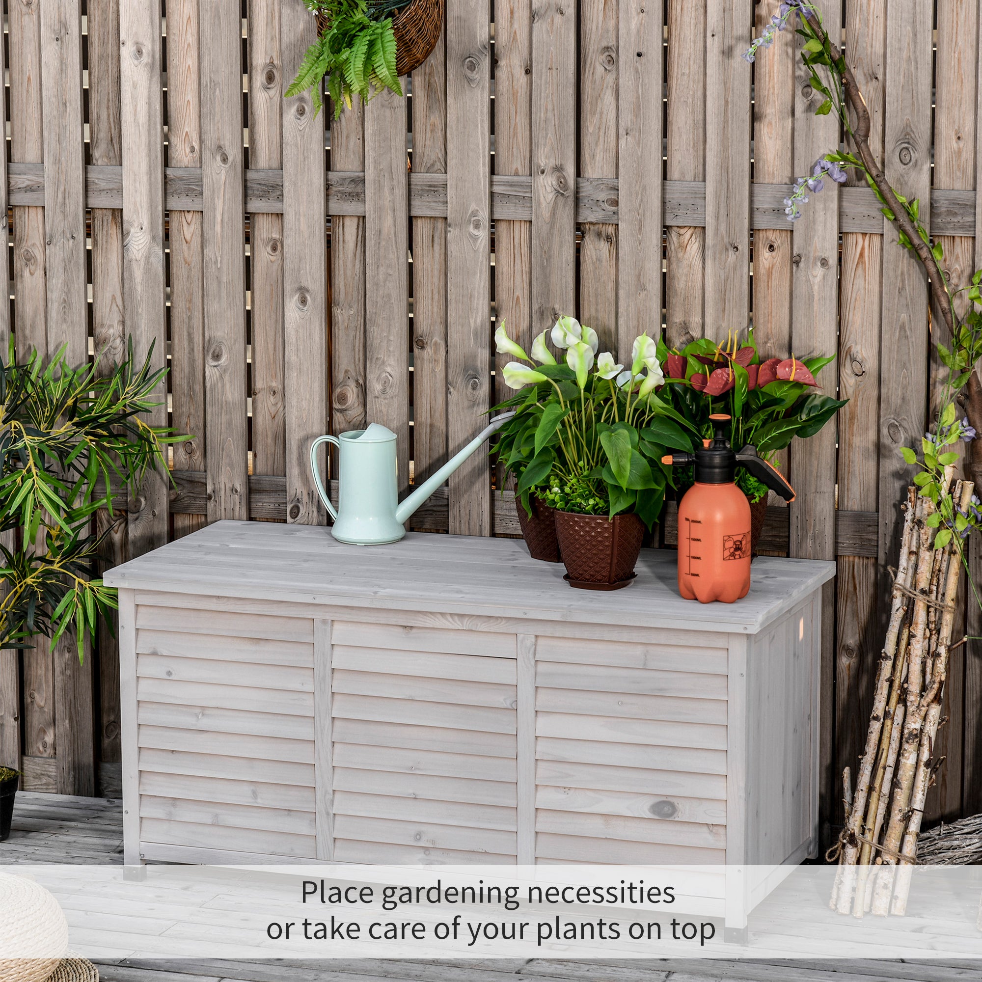 75 Gallon Wooden Deck Box, Outdoor Storage Container with Aerating Gap & Weather-Fighting Finish, Grey