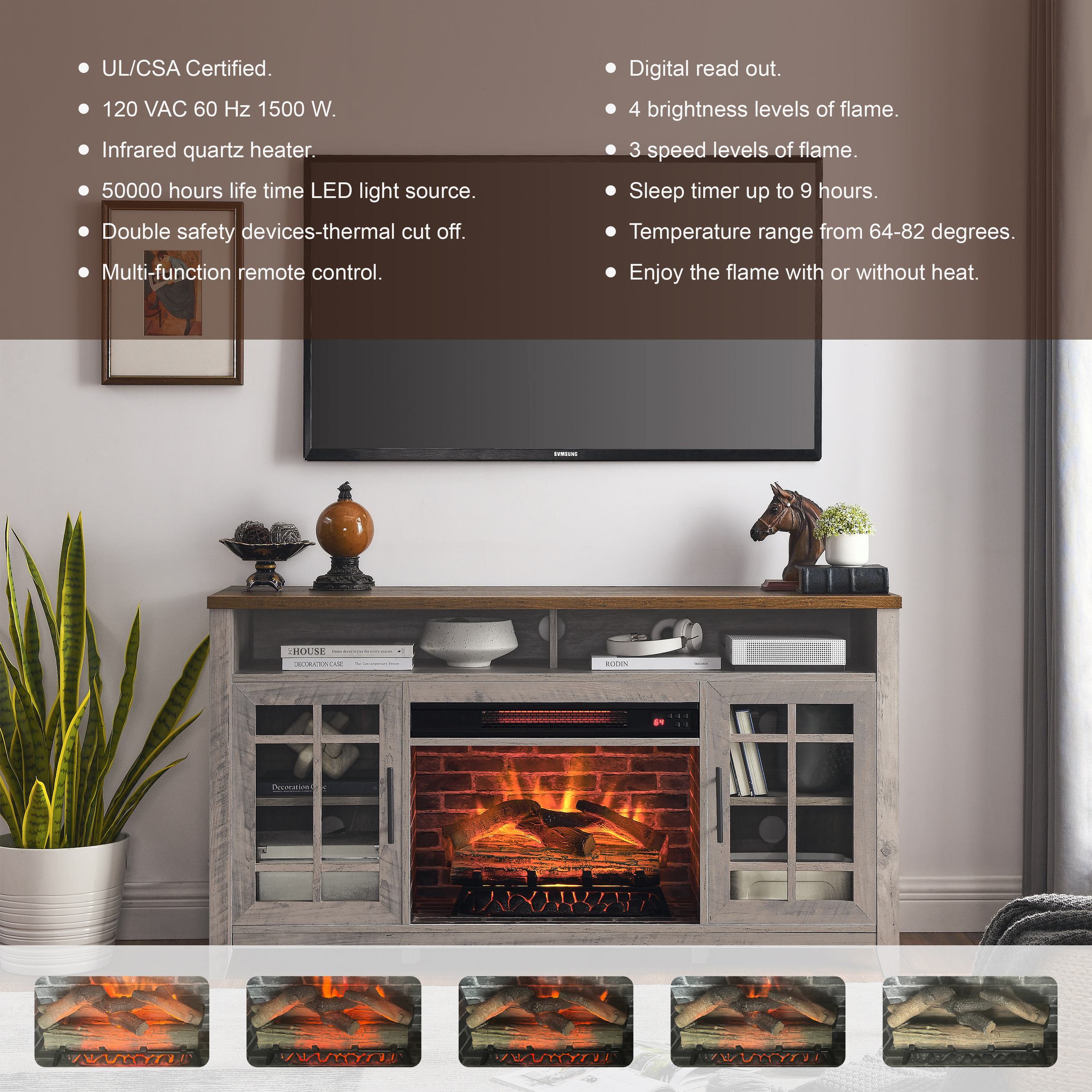 55" TV Media Stand with Electric Fireplace, Entertainment Center with Adjustable Shelves, Cable Management, Gray Wash