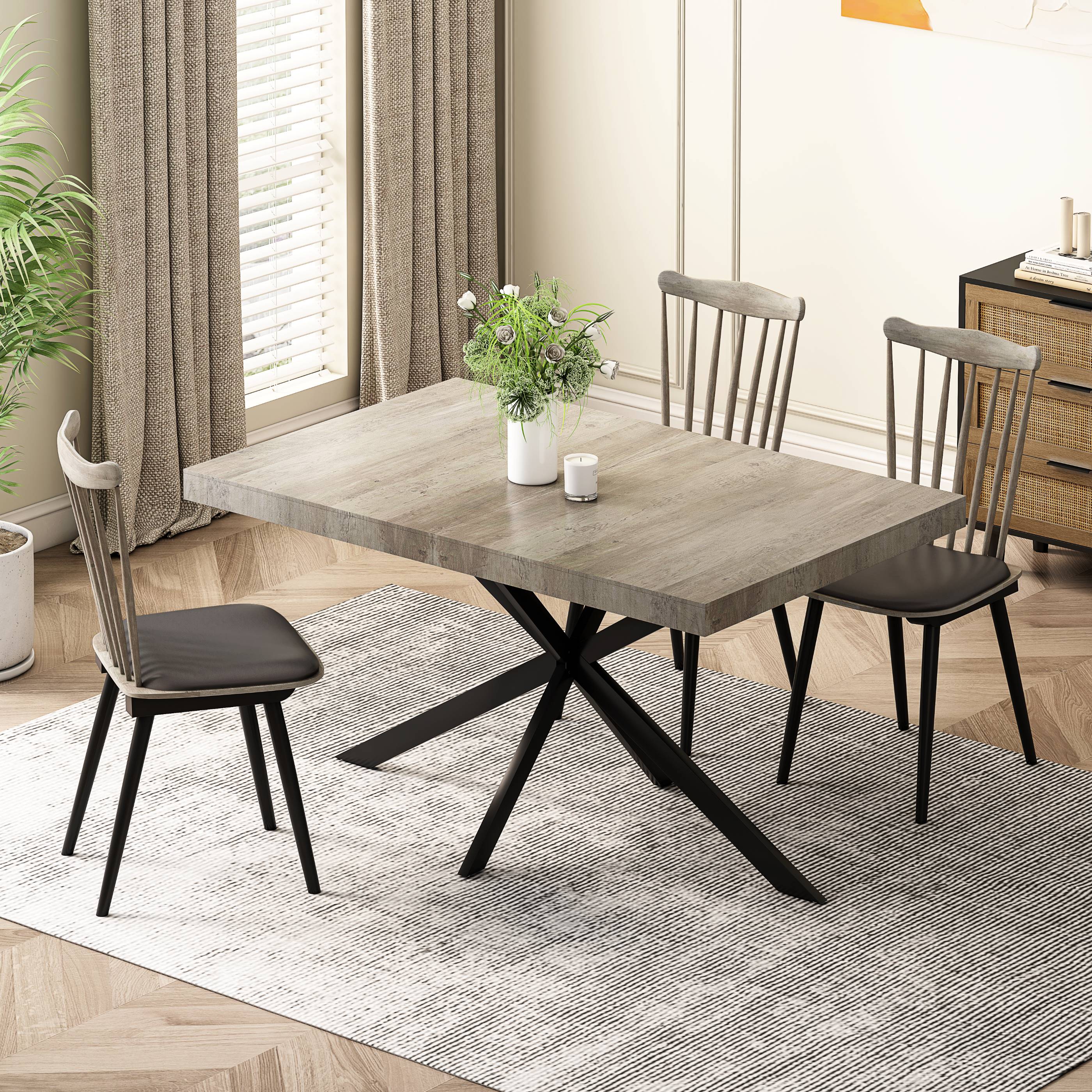 Retro Rectangular Stretch Dining Table with Storage Box, Gray Carole Top, Black Embossed Center Plate, Iron Cross Foot Base, 55.11"-70.86", Gray