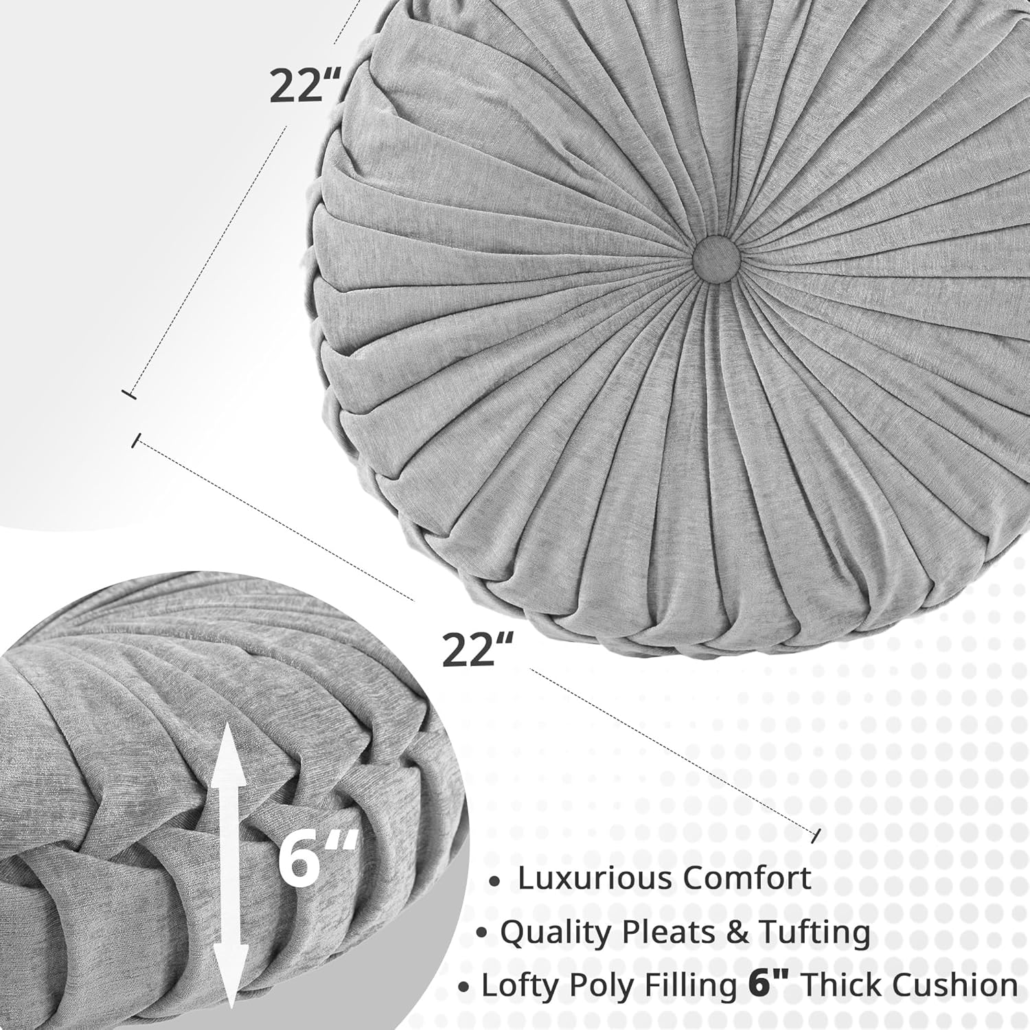 Poly Chenille Round Floor Pillow Cushion with Textured Fabric, Tufted Button Center, Pleated Detailing, 22" L x 22" W x 6" H, Gray