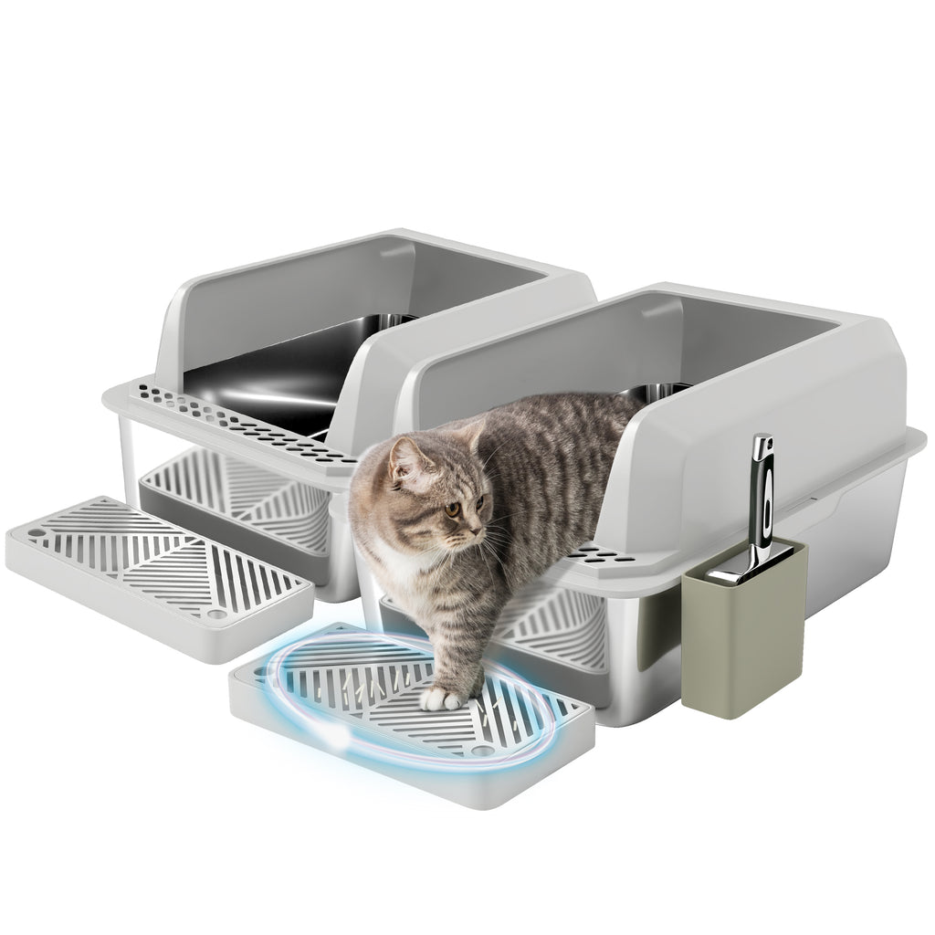 2 Pack Stainless Steel Litter Box with Metal Scoop & Scoop Holder, High Sided, Anti-Urine Leakage, Non-Sticky