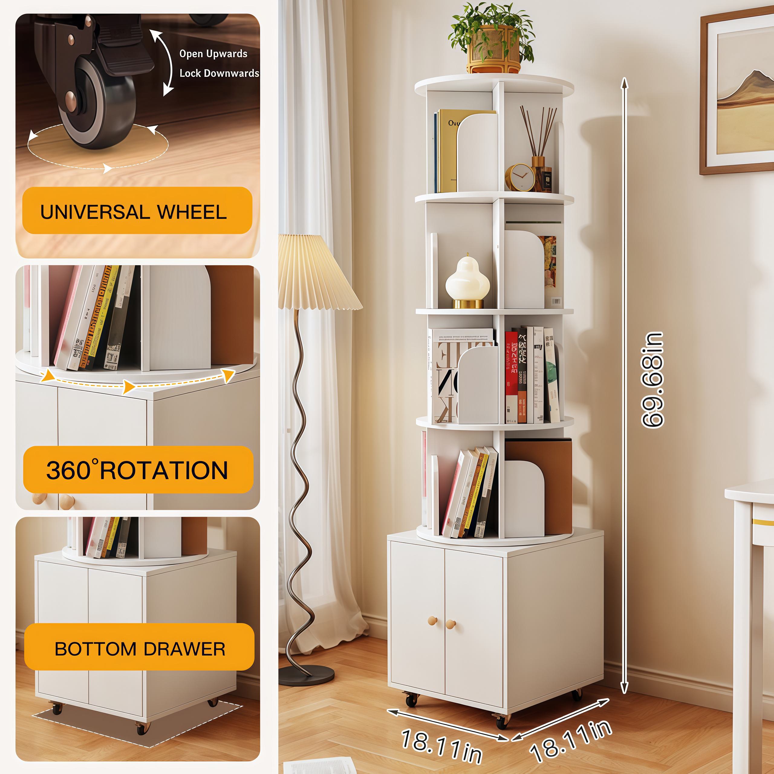 Rotating Bookshelf with Drawer and 360-Degree Display, Book Shelf Organizer for Bedroom, Living Room, 18" L x 18" W x 70" H, White