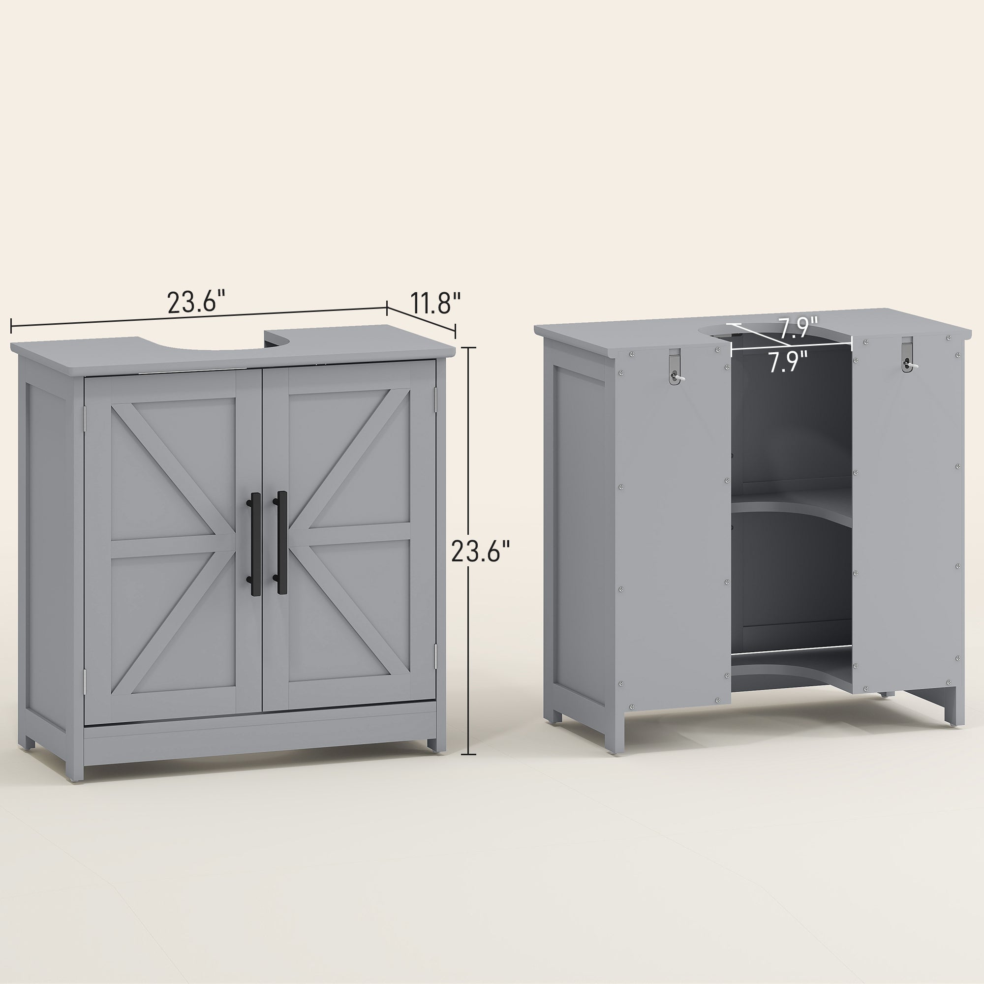 Farmhouse Pedestal Sink Storage Cabinet, Bathroom Sink Cabinet with 2 Barn Doors and Adjustable Shelf, Dark Gray