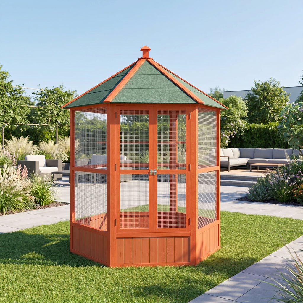 69" Wooden Hexagonal Outdoor Aviary Flight Bird Cage With Covered Roof, Brown