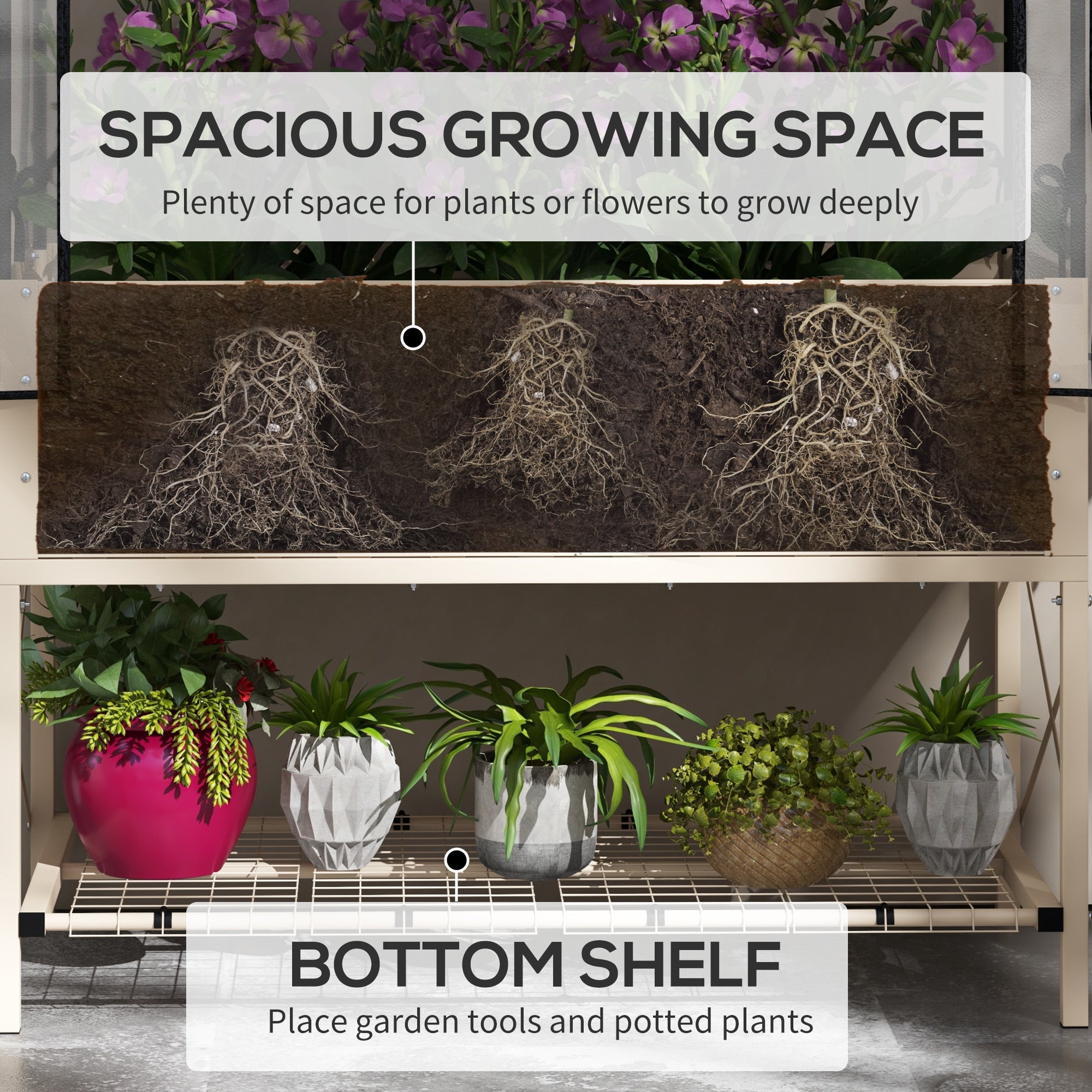 Raised Garden Bed with Legs and Cover, Metal Elevated Planter Box with Bottom Shelf and Liner for Vegetables, Cream