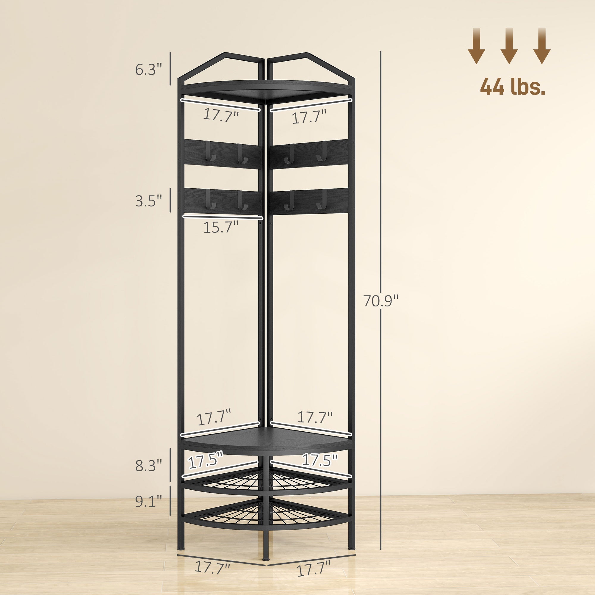 Corner Hall Tree, Industrial 4-Tier Coat Rack with Shoe Storage, 8 Movable Hooks and 2 Shelves for Hallway, Black