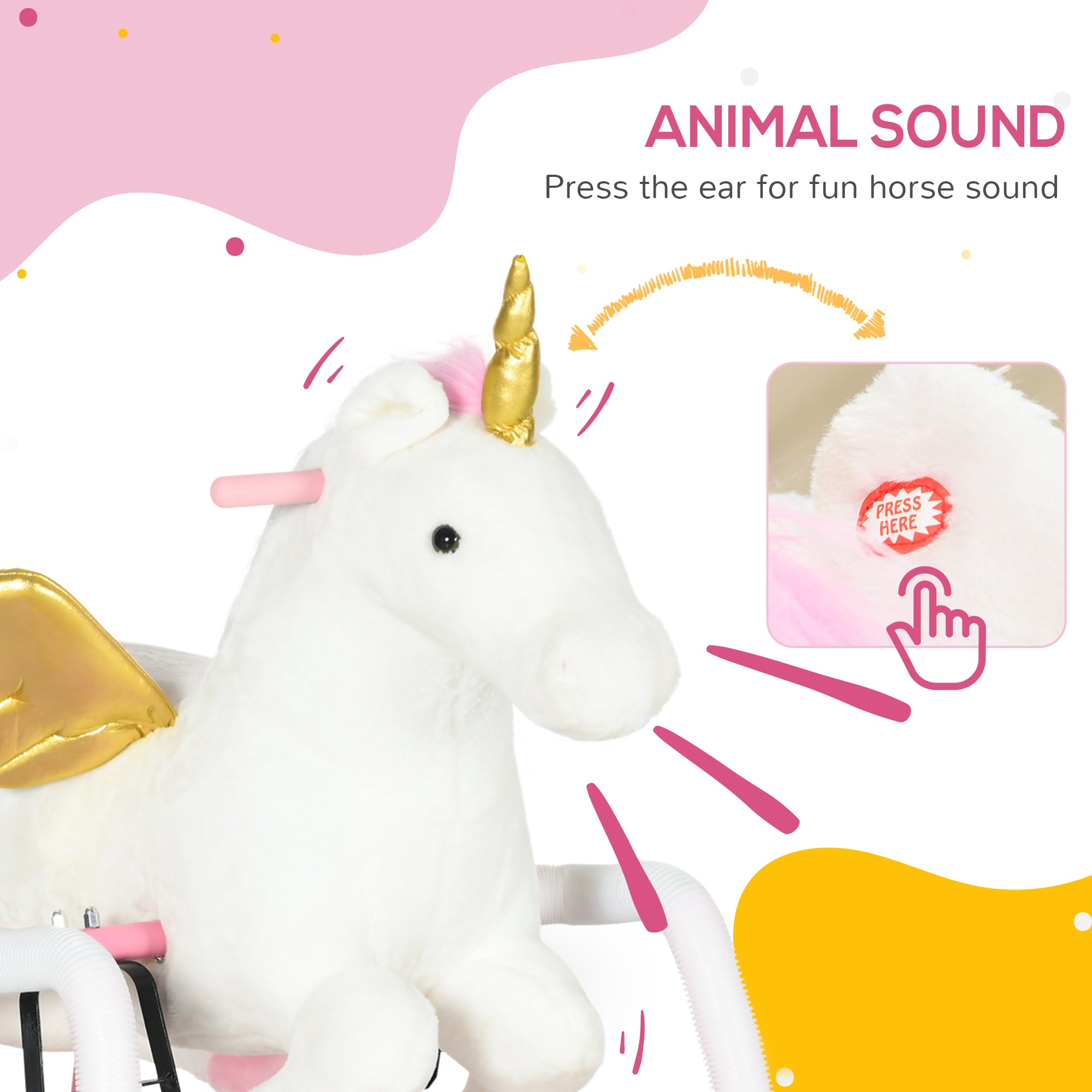 Kids Spring Rocking Horse Unicon, Ride on Horse for Girls and Boys with Sounds, Plush Animal Ride-on Toy with Soft Feel, Interactive Toy for Kids, Pink