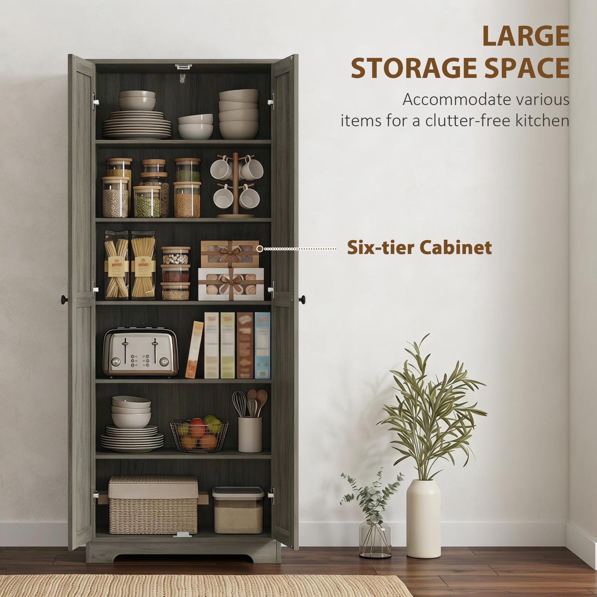 67" Farmhouse Pantry Cabinet, Freestanding Food Pantry Cabinet with Adjustable Shelves, Distressed Gray