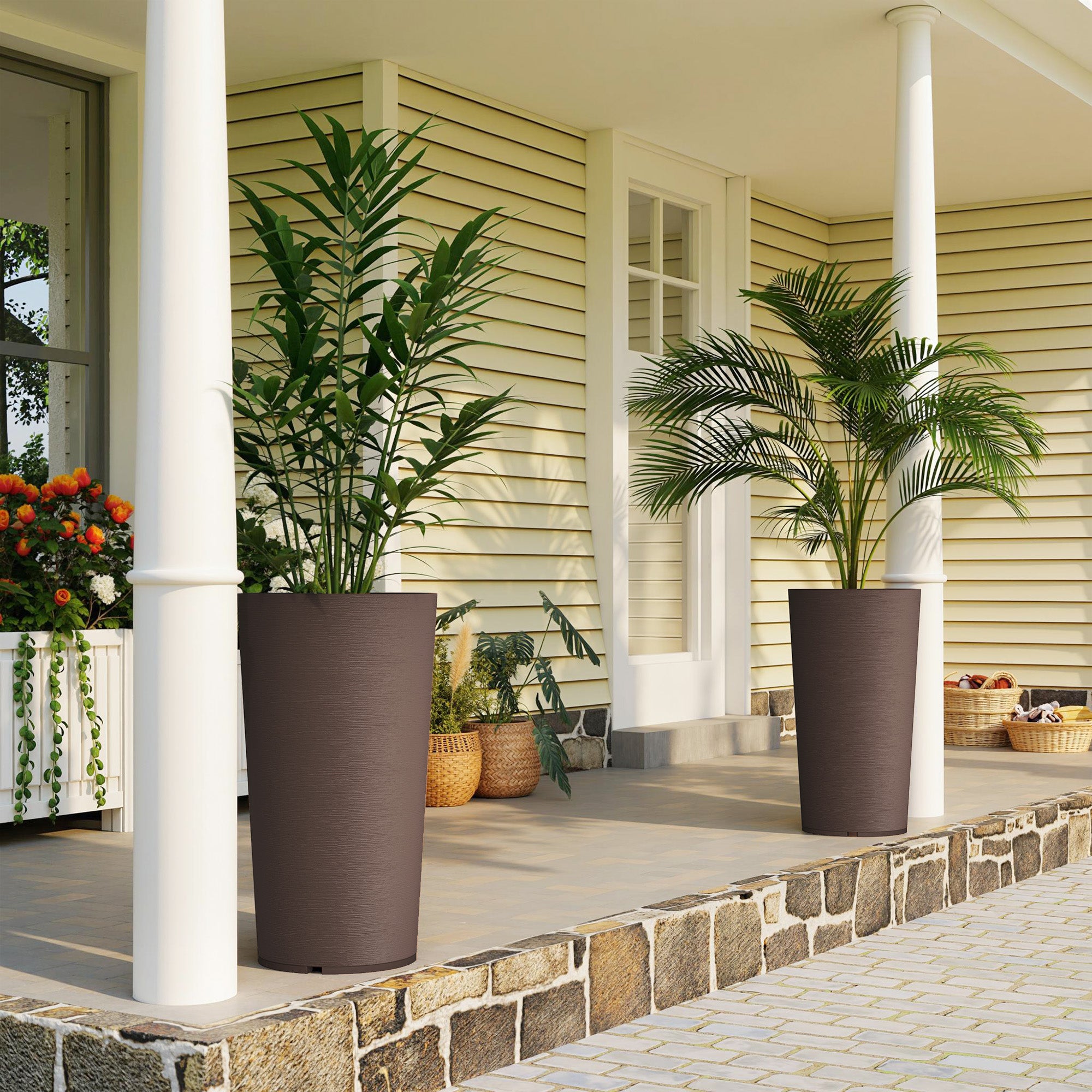 29 Inch Outdoor Planter, Set of 2 Plastic Flower Pots, Weather and UV Resistant Stackable Large Planters, Brown