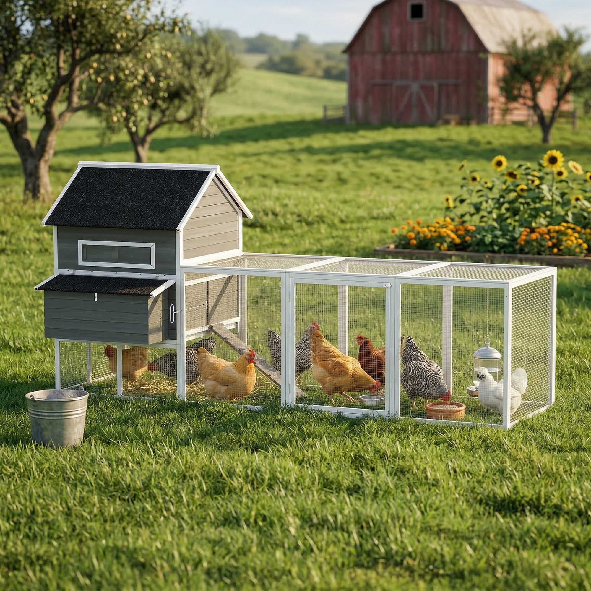 137" Wooden Chicken Coop for 4-6 Chickens, Backyard, Dark Gray