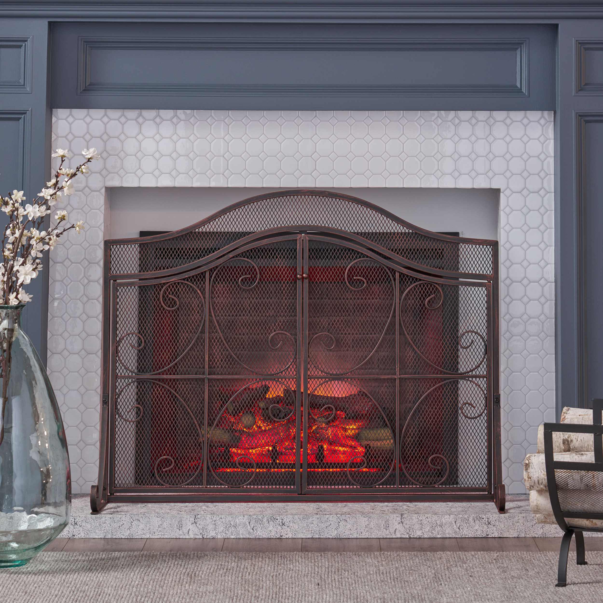 Modern Iron Fire Screen with Single Panel Design and Fine Mesh, Geometric Pattern, and Easy Assembly, 41" L x 9.75" W x 31.75" H, Black