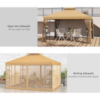10' x 12' Patio Gazebo with Corner Frame Shelves, Double Roof Outdoor Gazebo Canopy Shelter with Netting, Brown