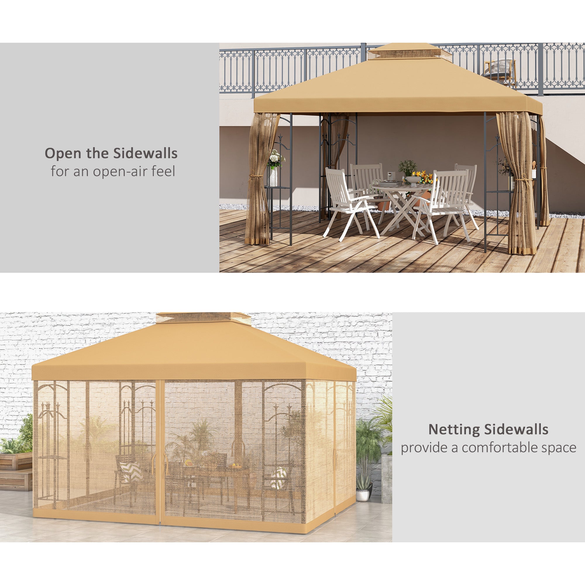 10' x 12' Patio Gazebo with Corner Frame Shelves, Double Roof Outdoor Gazebo Canopy Shelter with Netting, Brown