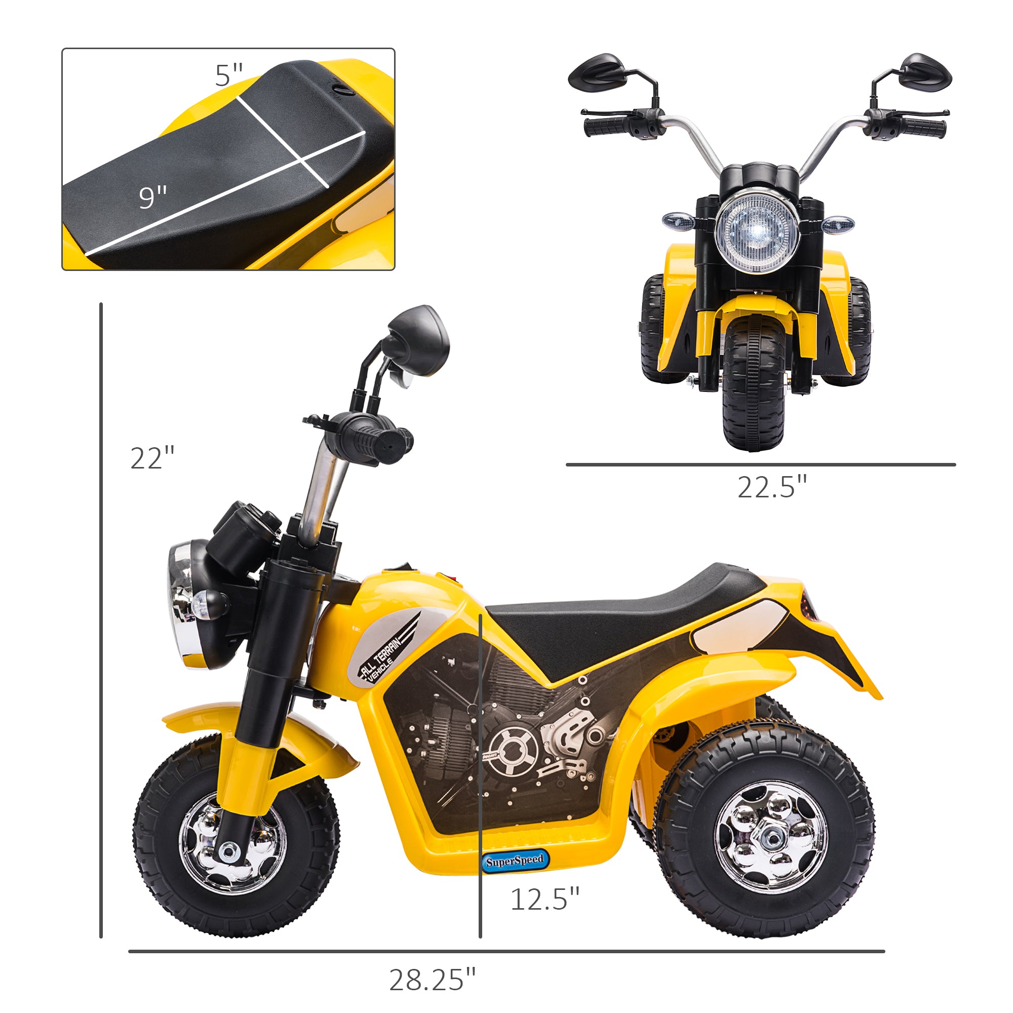 Electric Motorcycle for Kids, 6V Battery Powered Ride-On Dirt Bike 3-Wheels Motorbike with Horn Headlights Realistic Sounds Speed for 18 - 36 Months Yellow