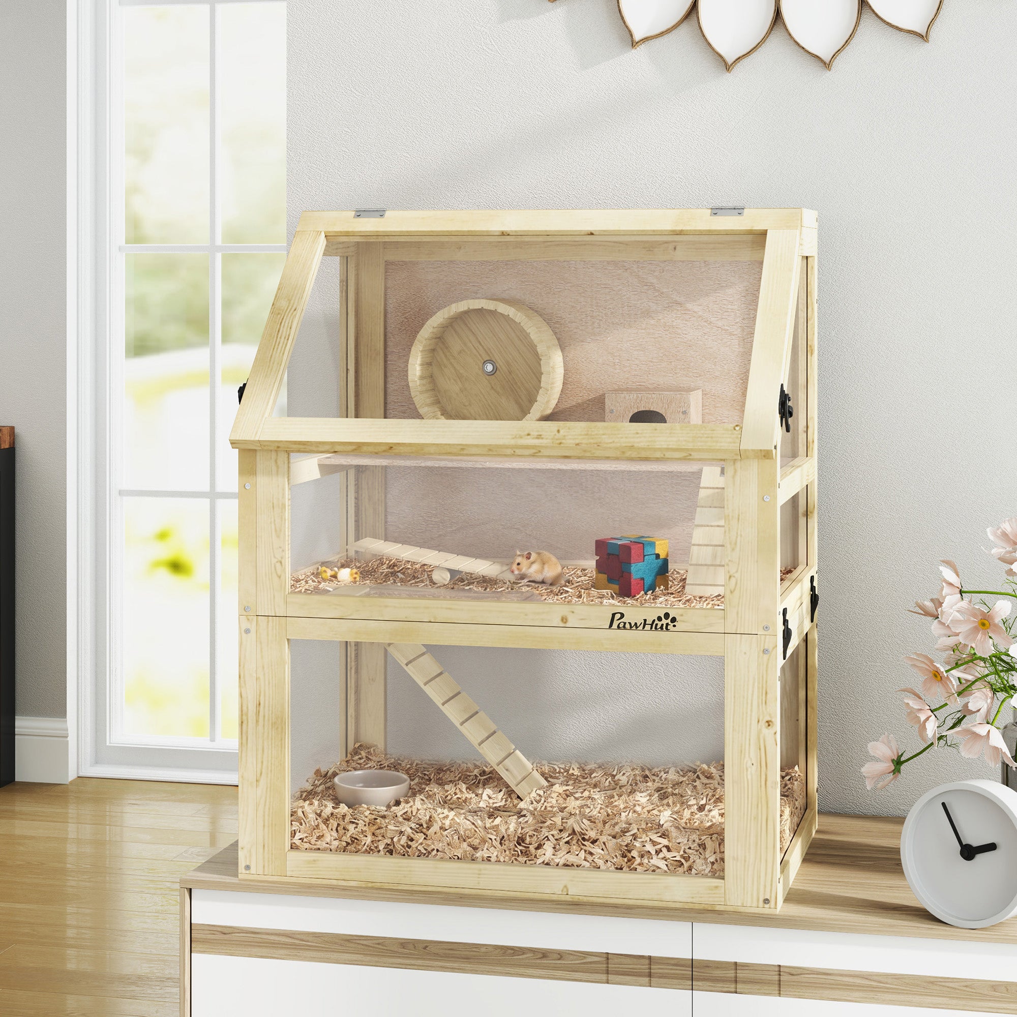 3 Tier Wooden Hamster Cage w/ Detachable Bottom, Hut, Seesaw, Exercise Wheel, Ramps, 24" x 16" x 29.5"