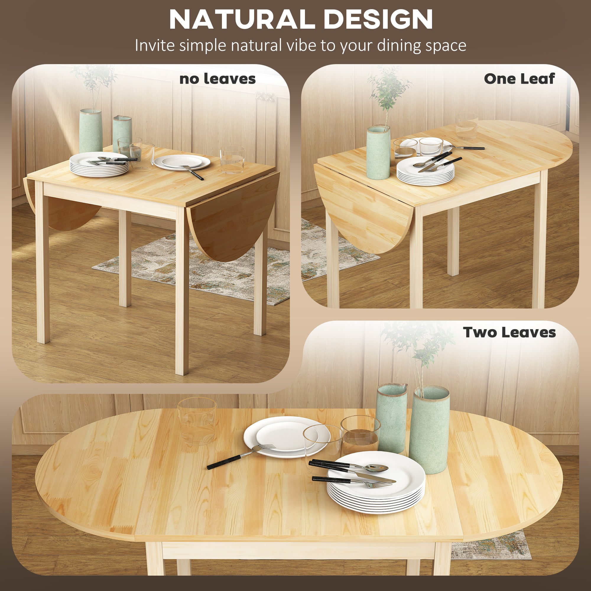 55" Wood Kitchen Table, Drop Leaf Tables for Small Spaces, Natural